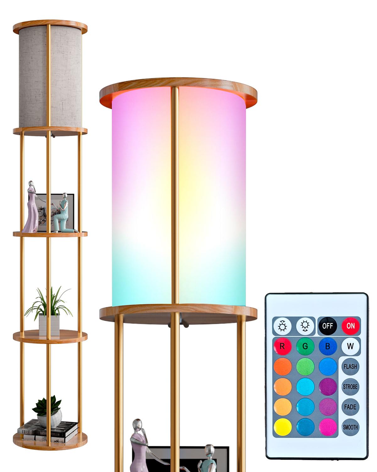 Lightdot 61 RGB Floor Lamp with Shelves - 3-Tier Storage Smart Remote Control Standing Lamp with Fabric Lampshade, E26 Bulb Incl