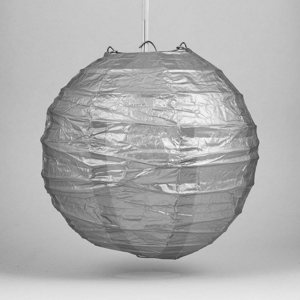 Quasimoon Paperlanternstore.Com 24 Inch Silver Round Paper Lantern, Crisscross Ribbing, Hanging Decoration