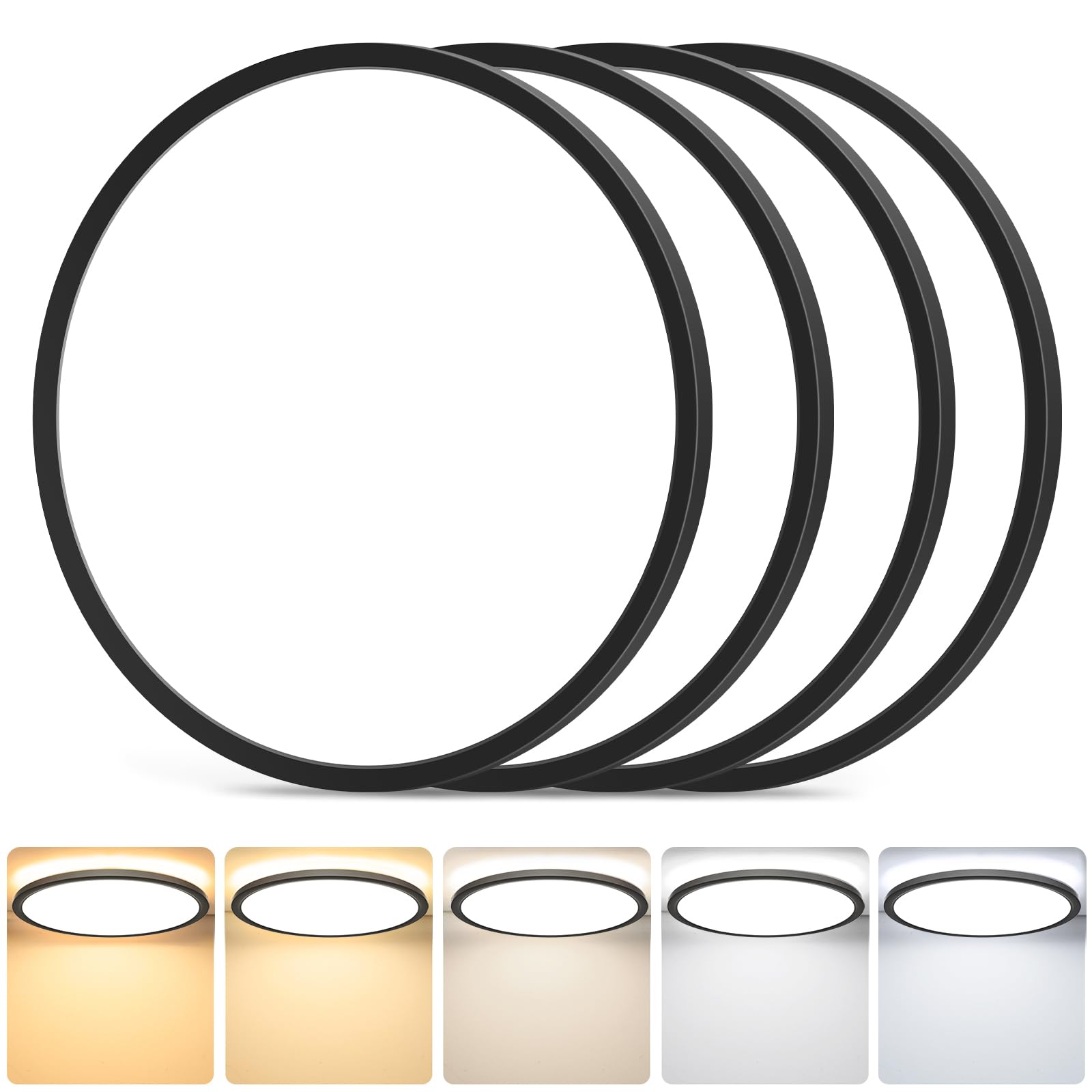 4-Pack LED Flush Mount Ceiling Light Fixture  12In 24W  3200LM  Super Slim 0.86 Inch  Dimmable & 2700K-6500K 5 Color Selectable LED Ceiling Lights for Bedroom  Kitchen  Laundry and Closet Room  Black
