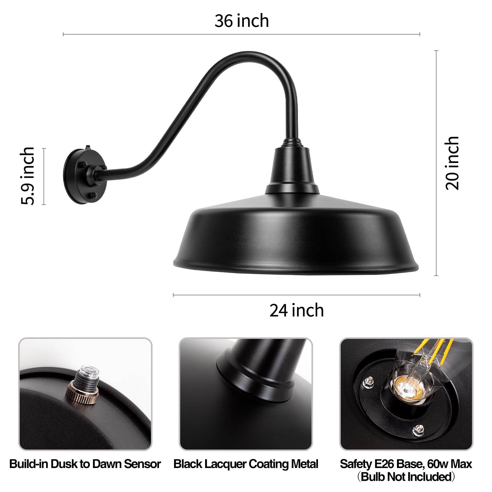 Metojia Gooseneck Barn-Lights Outdoor Fixture - 24 Inch Farm Style Black Large Lighting Farmhouse Exterior Sconce Wall Light For House, Dusk To Dawn Sensor Front Door Porch Garage (24 Inch)