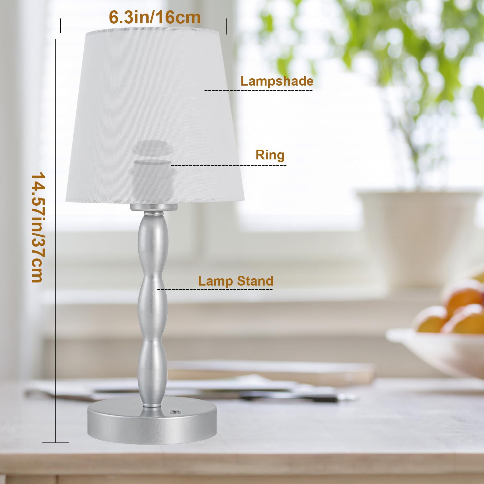 CASTLELIFE Portable Cordless Table Lamp, Touch Control, 3-Level Brightness, Metal, Silver, Model CL8433