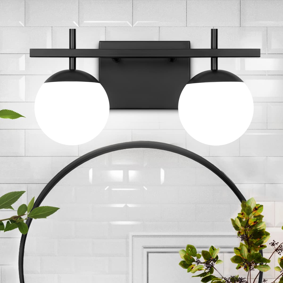Zsmihdoh 2-Light Black Bathroom Vanity Light, Mid Century Modern Globe Fixtures With Milky Glass