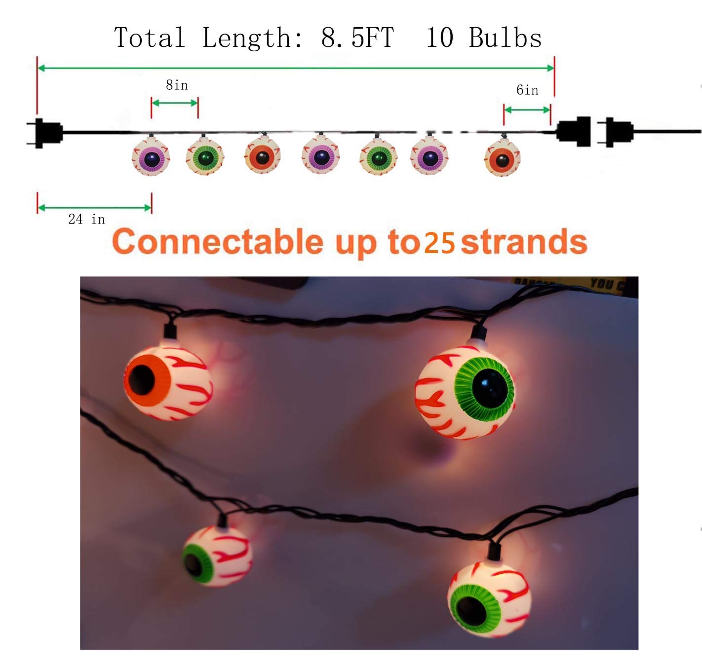 GOOTHY Halloween Eyeball String Lights 8.5Ft Halloween Decorative String Lights with 10 Incandescent Multicolor Eyeball Lights f