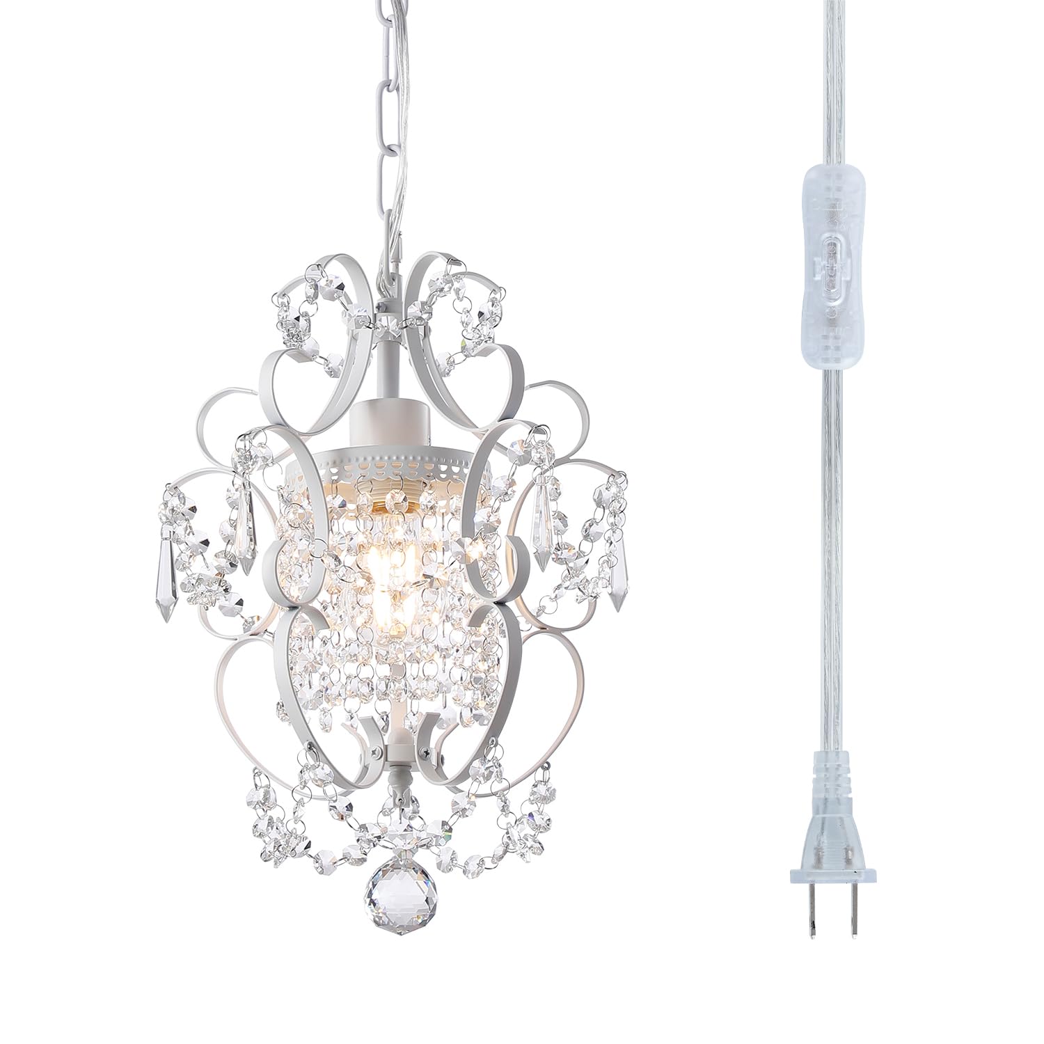 riomasee Plug in Chandelier Hanging Light Fixture with 14.27 Ft Hanging Cord and On/Off Switch,Mini White Crystal Chandelier Lig