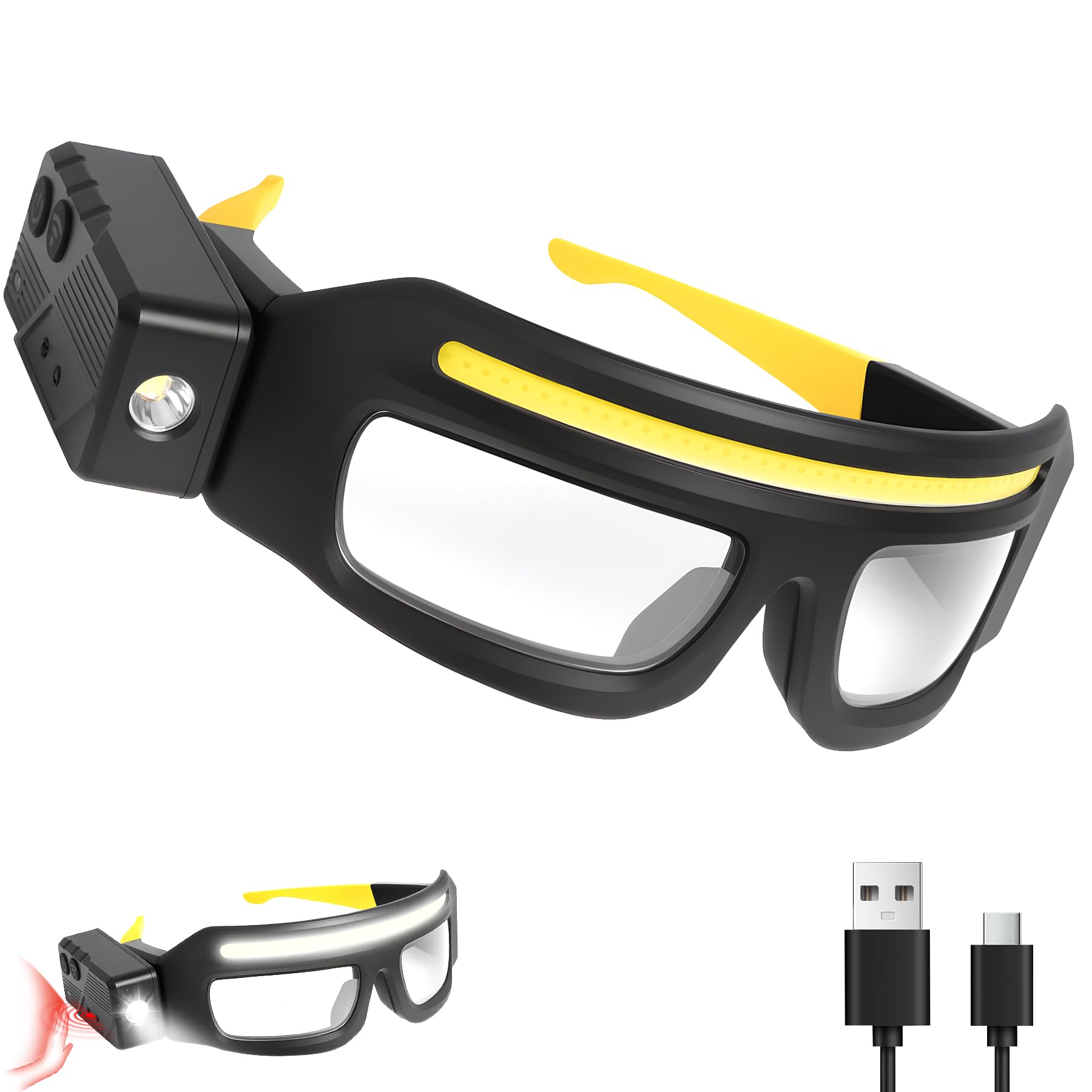 TFFUAM LED Rechargeable Headlight Glasses with Motion Sensor & Touch Control, Safety Glasses with Lights 5 Modes USB C Light Up 
