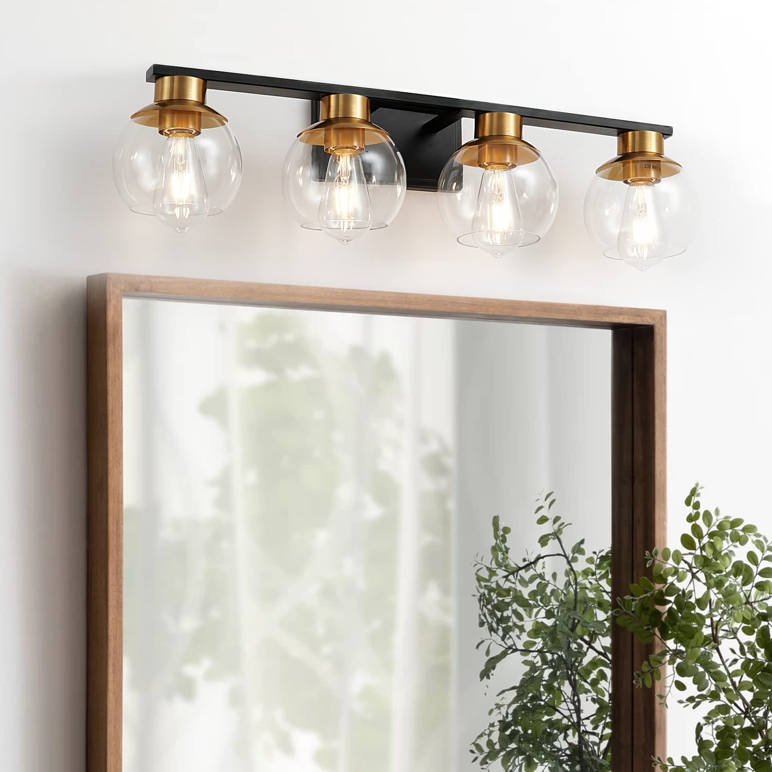 Pazala Black Gold 4-Light Bathroom Vanity Light Sconce With Globe Glass Shade, E26 Base