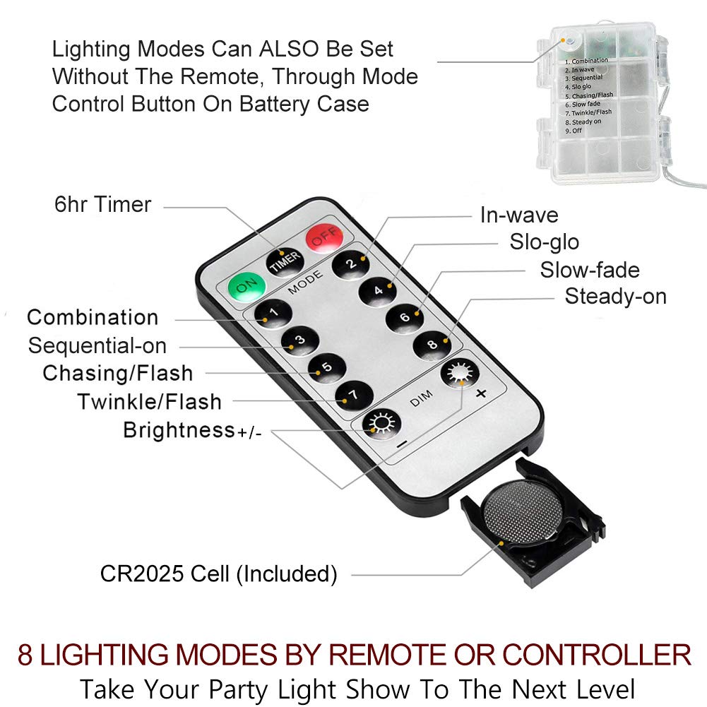 Bright Zeal 66 Ft 200 LED 8 Mode Christmas Fairy Lights Battery Operated with Remote - Warm White Multifunction Christmas Lights