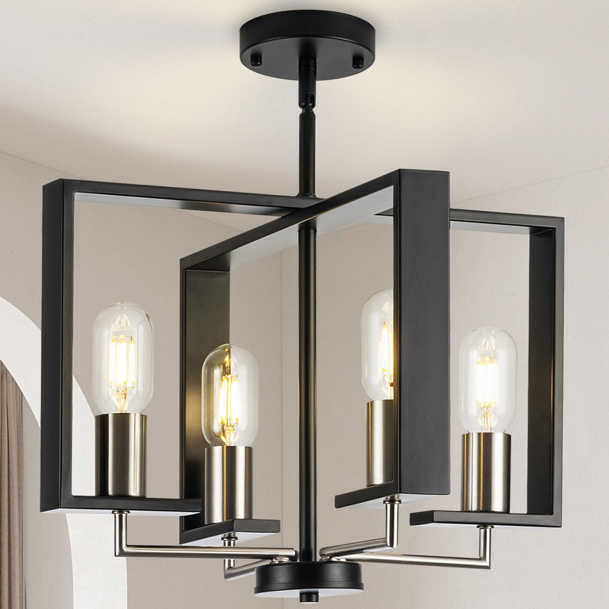 Modern Black Farmhouse Chandelier, Dining Room Light Fixture Geometric 4-Lights Industrial Pendant Lights Kitchen Island Adjusta