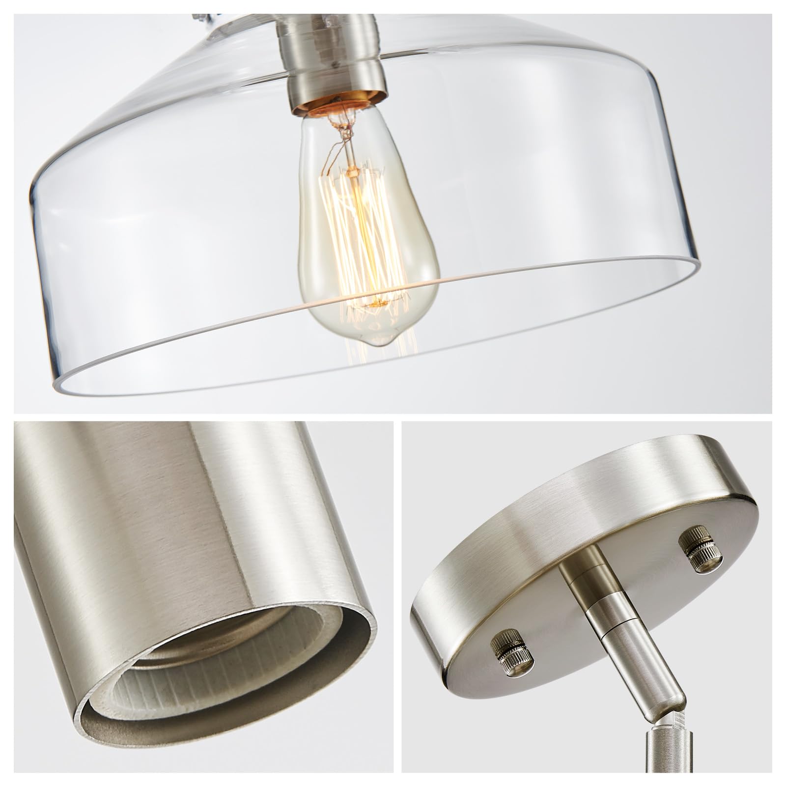 WUZUPS Chandelier Pendant Light, Rustic Farmhouse Round, 9.4"H x 10.6"W, Brushed Nickel, Clear Glass Shades, Model USHD0351N