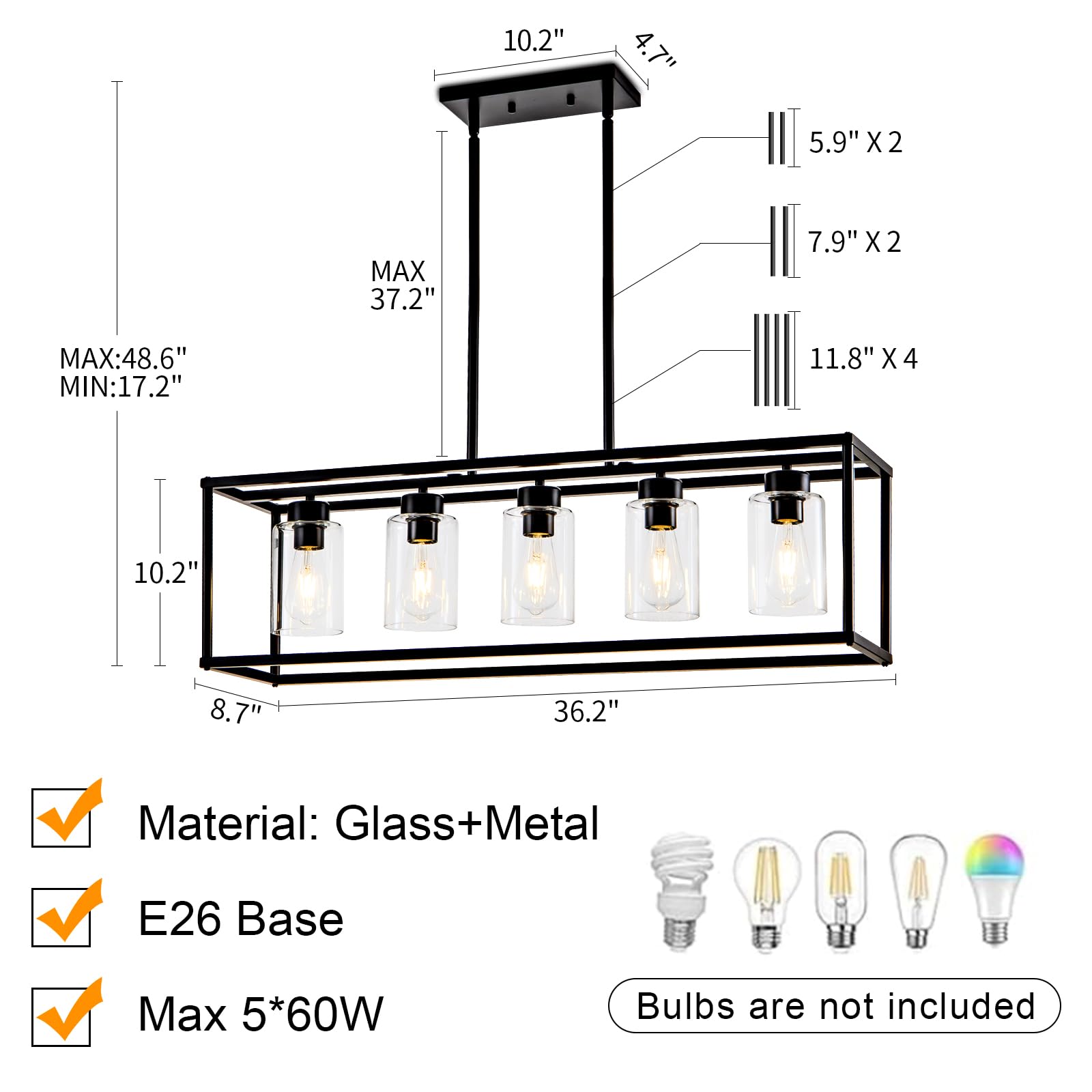 Hccz 5-Light Matte Black Farmhouse Chandelier - Modern Industrial Pendant Lighting