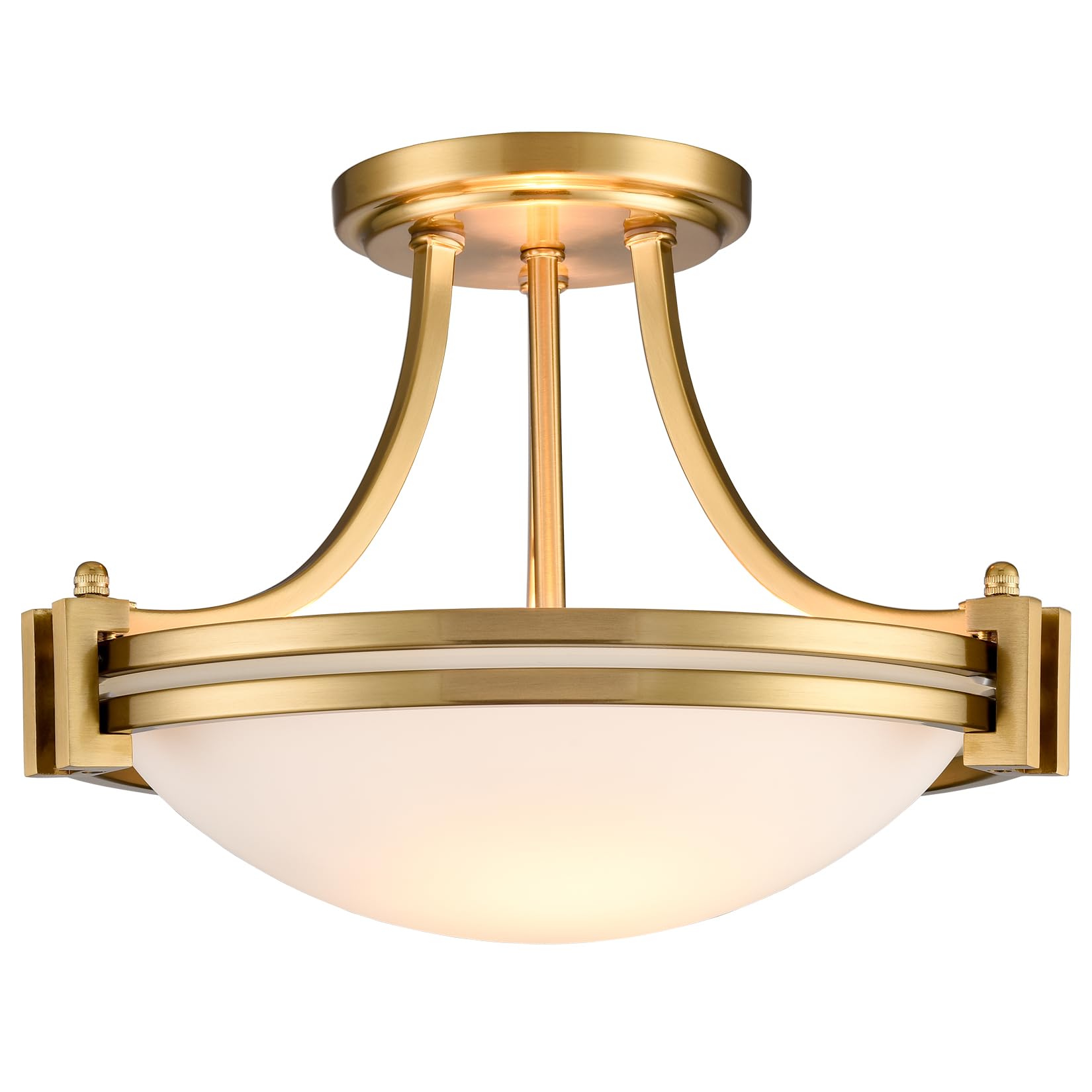 Teenyo 12-Inch Brass Semi Flush Mount Ceiling Light Milk Glass Light Fixture Mid Century 2-Light Gold Glass Ceiling Light For Ha