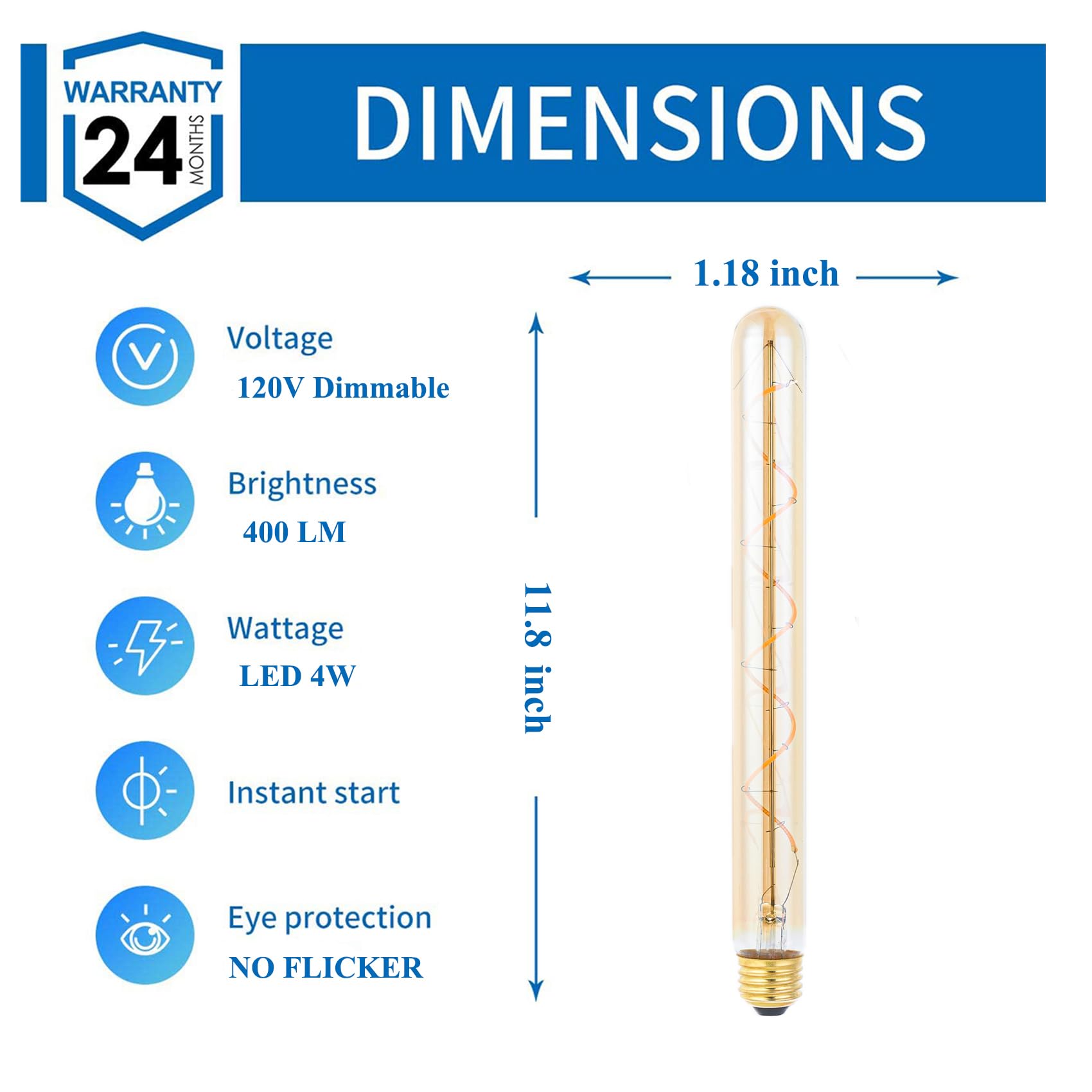 Beonllay T300/T10 Long Tubular Light Bulb,40 Watt Equivalent E26 Base Amber Vintage Edison Bulb 4W Dimmable Tubular Antique Styl