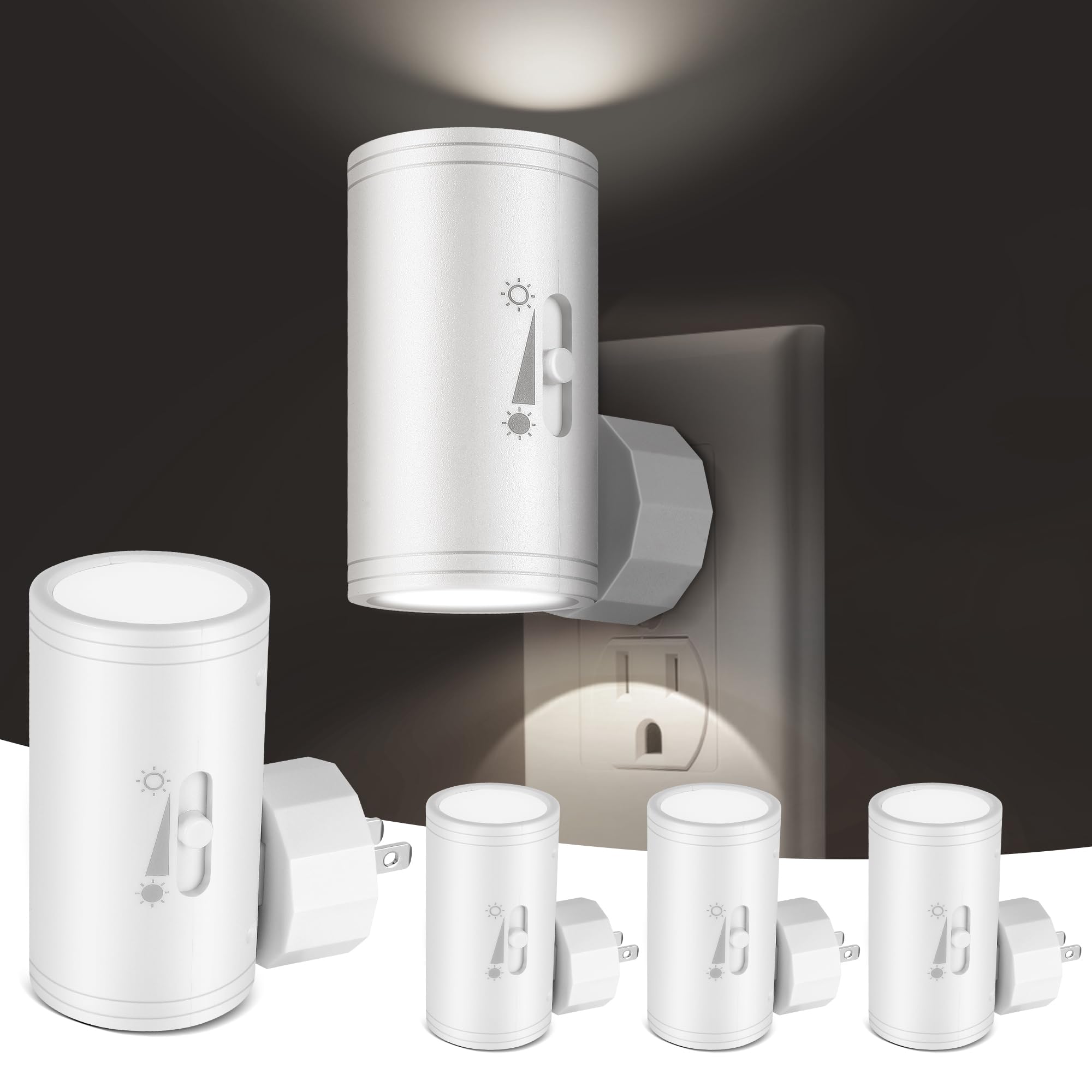 SETEN 4 Pack LED Wall Plug-in Night Light with Dusk to Dawn Sensor, 5000K Daylight White, Dimmable 0-300LM, Adjustable Rotating 