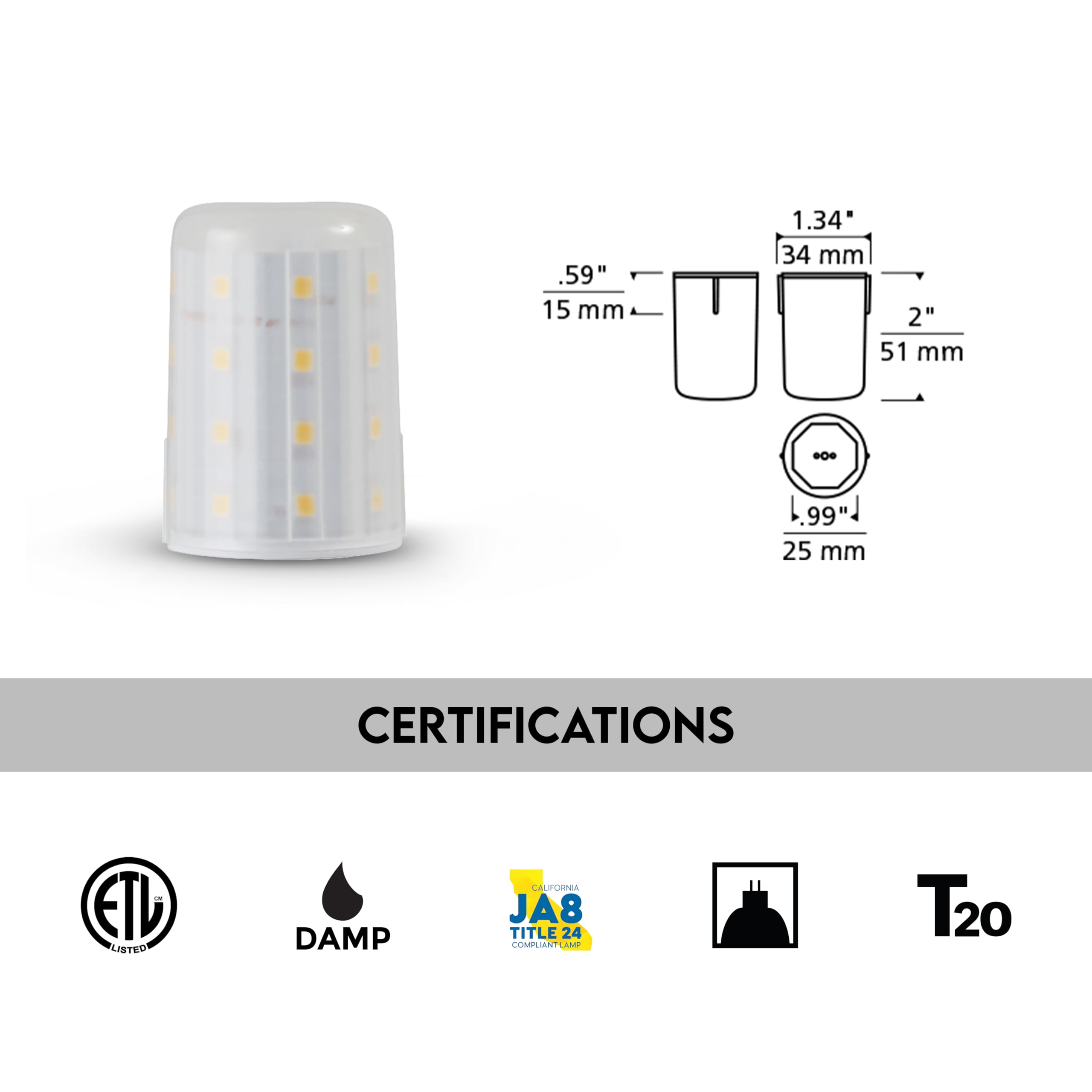 Tech Lighting Led Bi-Pin Replacement Module, Dimmable Led, 3000K, 550 Lumens, Easy To Install, Long Lasting, Energy-Saving, Damp Rated, Gy 6.35 Socket (Short)