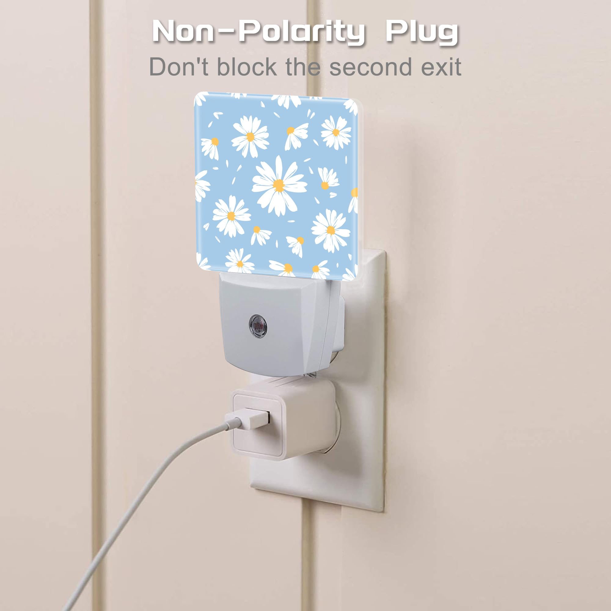 Watercolor White Daisies Flowers Night Light For Kids,Abstract Floral Flying Petals Night Light Plug In With Dusk To Dawn Sensor