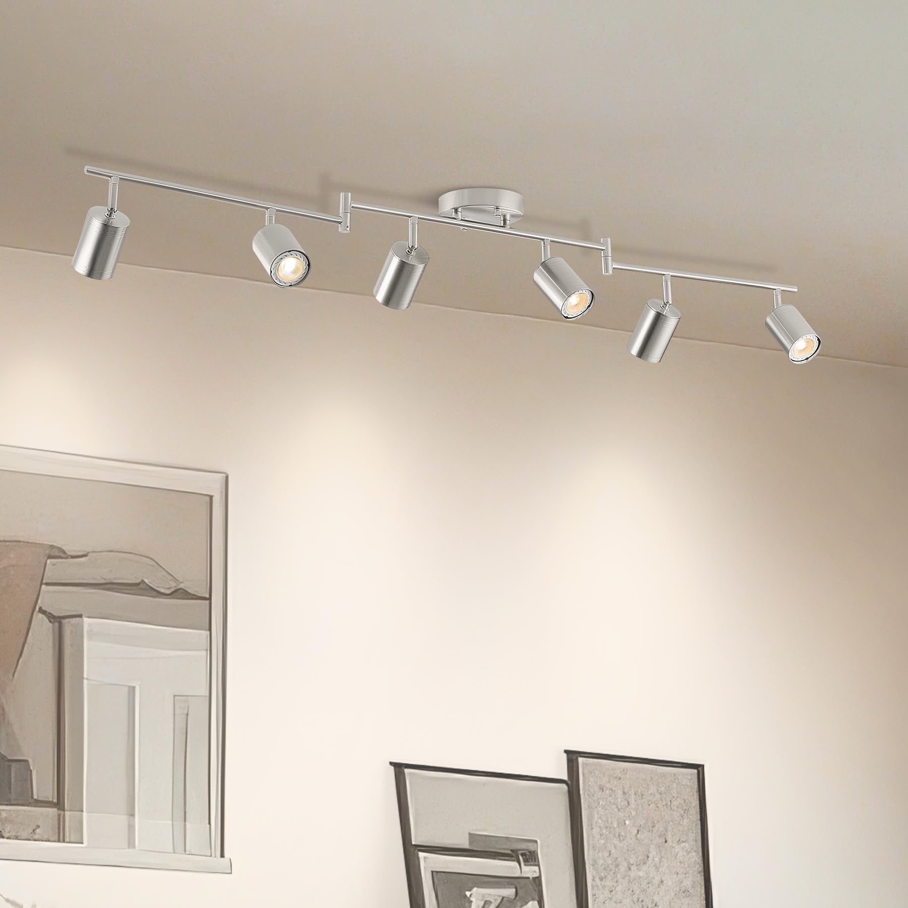 VONLUCE 6-Light LED Track Light Fixture, Rotatable GU10 Bulbs, Modern Nickel Ceiling Spotlight for Kitchen, Office, Bedroom, Model TCL-CR06