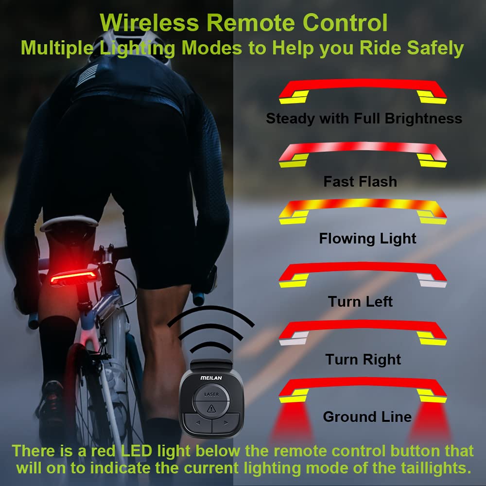MEILAN X5 Smart Bike Tail Light - Wireless Remote, Turn Signals, USB Rechargeable, 1 Pack, Plastic
