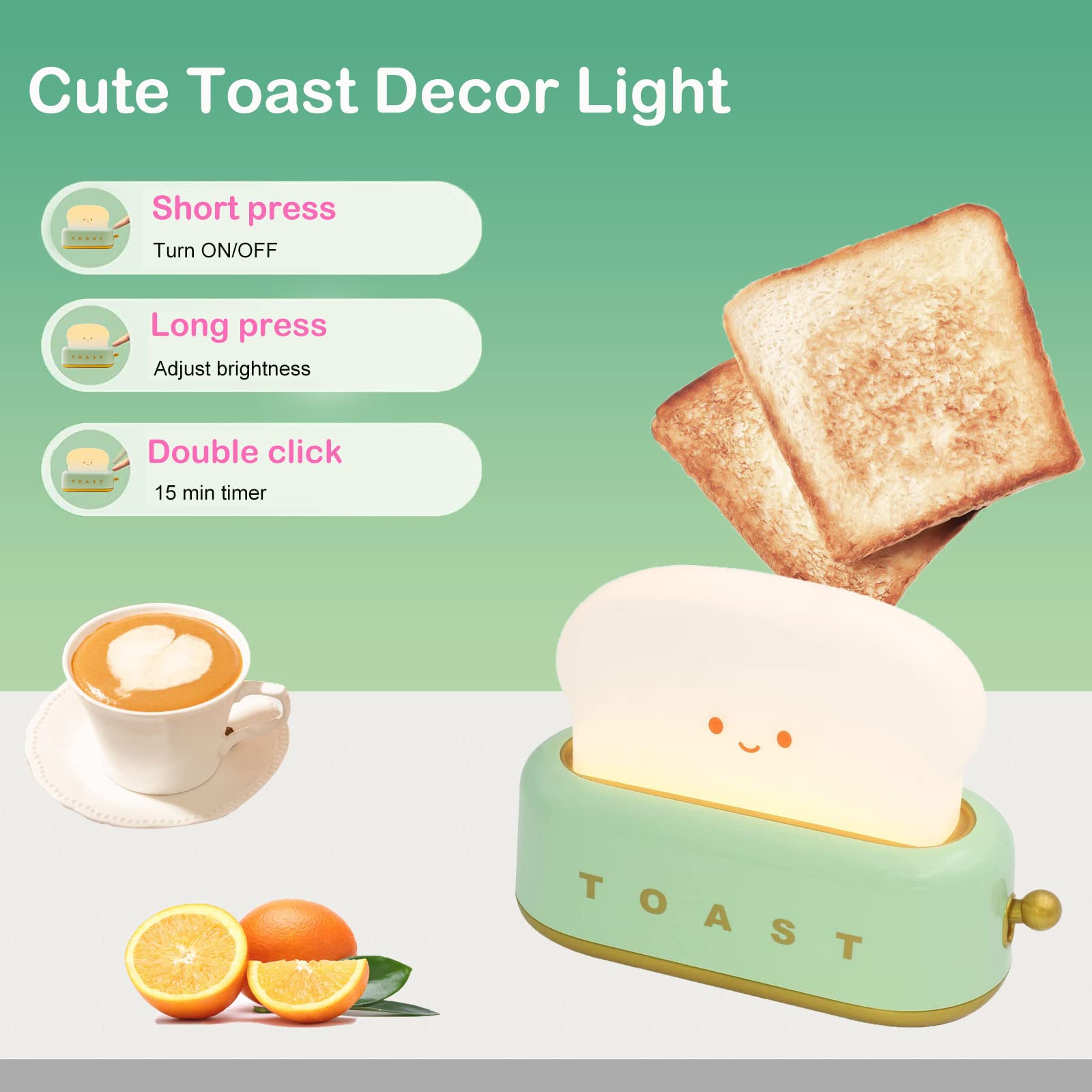 Cute Toast Lamp,Smile Face Night Light, Led Dimmable Bread Light,Rechargeable Desk Decor Lamp With Timer,Sleep Lamp For Bedroom Bedside Decorations,Aesthetic Gifts For Teen Girls (Green)