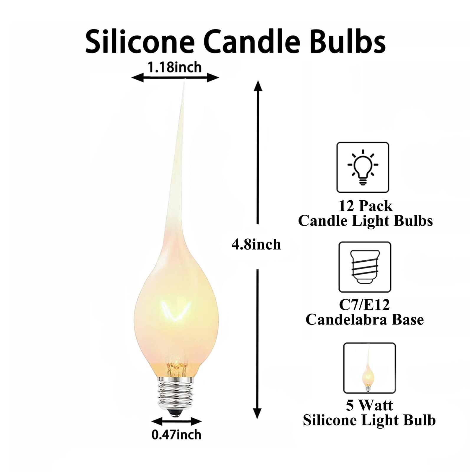 Cbebew Clear Silicone Dipped Candle Light Bulbs, 5W C7/E12 Candelabra Base, 12 Pack - Replacement Bulbs for Window Candles & Chandeliers