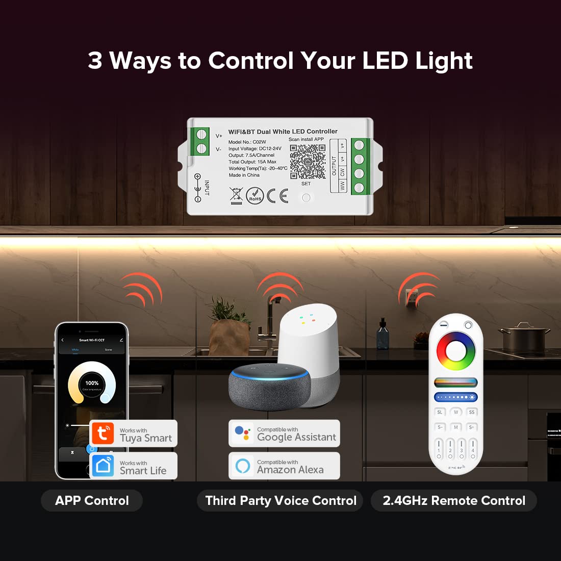 SEZO C02W WiFi Bluetooth LED Strip Controller - Smart Life App, Voice Control, DC12-24V, CCT WiFi Controller