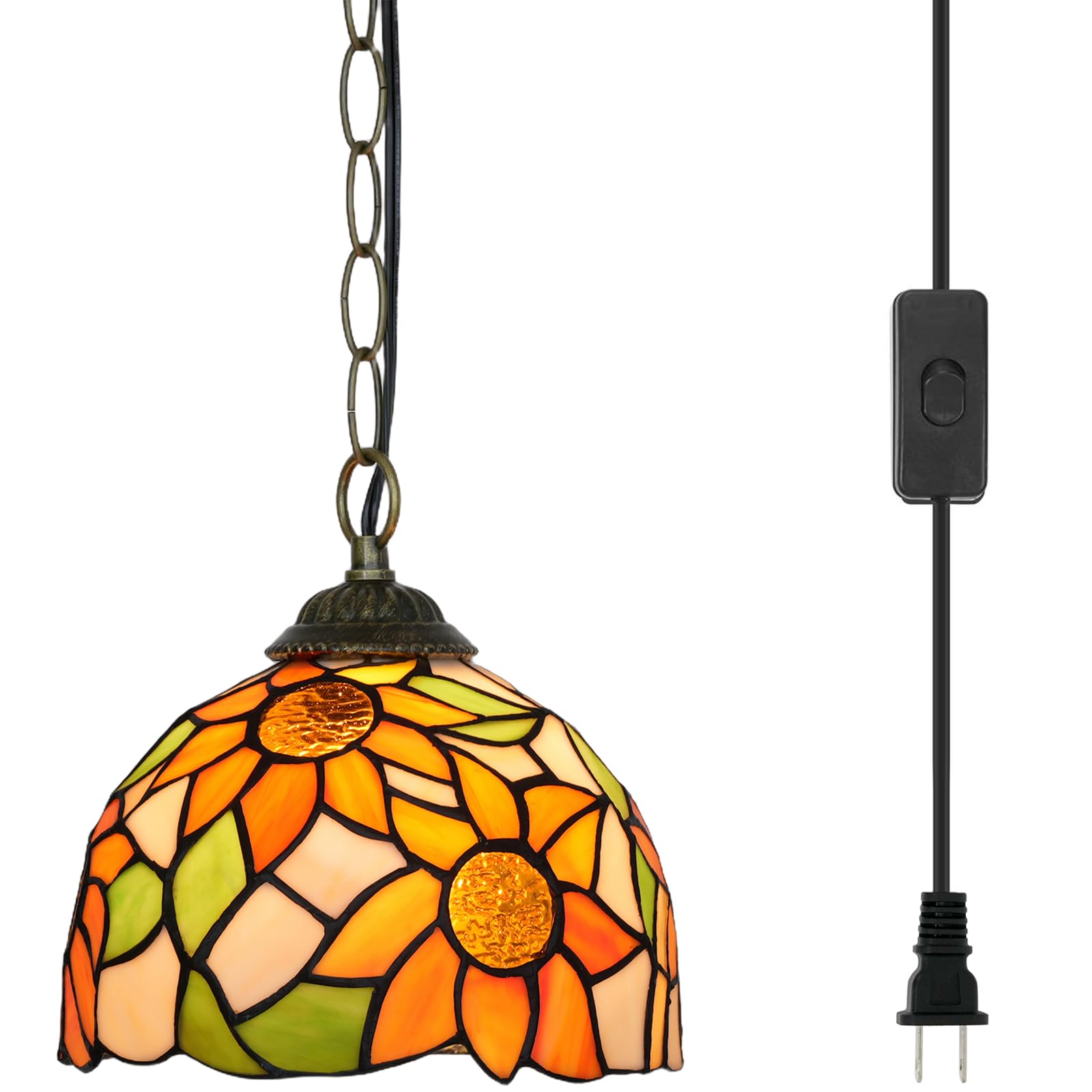 Blivuself Tiffany Pendant Light Yellow Sunflower Stained Glass Hanging Lamp 8 Inches Vintage Decoration Lighting for Home Living