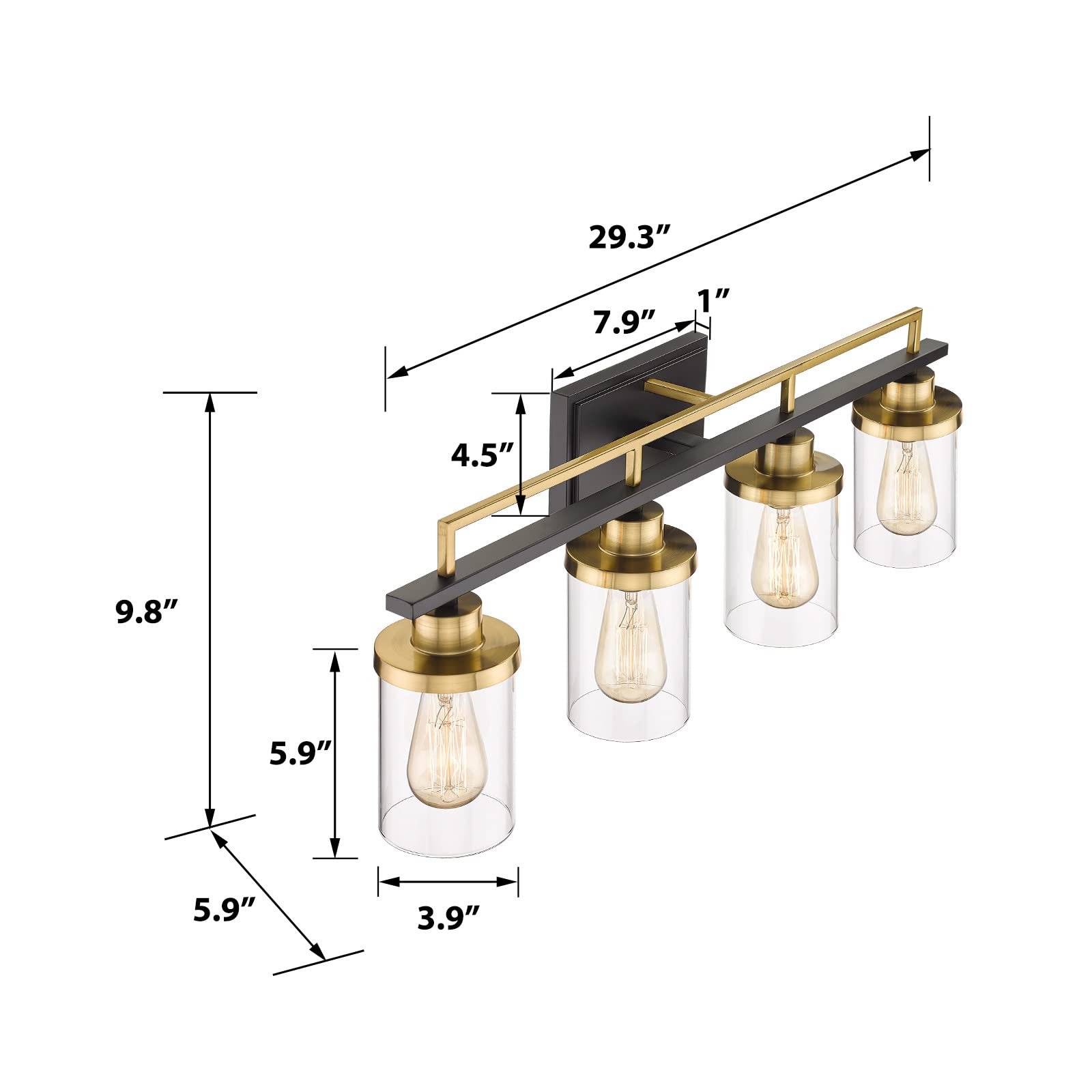 Emliviar 4-Light Bathroom Vanity Light - Black & Gold Metal Finish with Clear Glass, Model YCE238B-4W BK+BG
