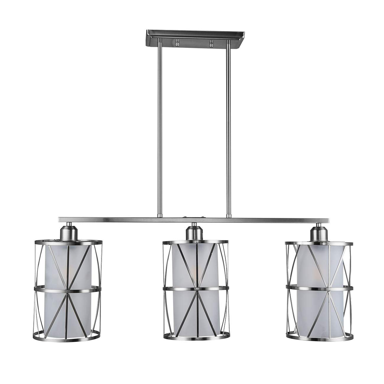 Shengqingtop 33&quot; Modern Kitchen Island Lights With Cylindrical Frosted Glass Shade, 3-Light Dining Room Lighting Fixtures Hanging, New Transitional Multi Pendant Lighting, Brushed Nickel Finish