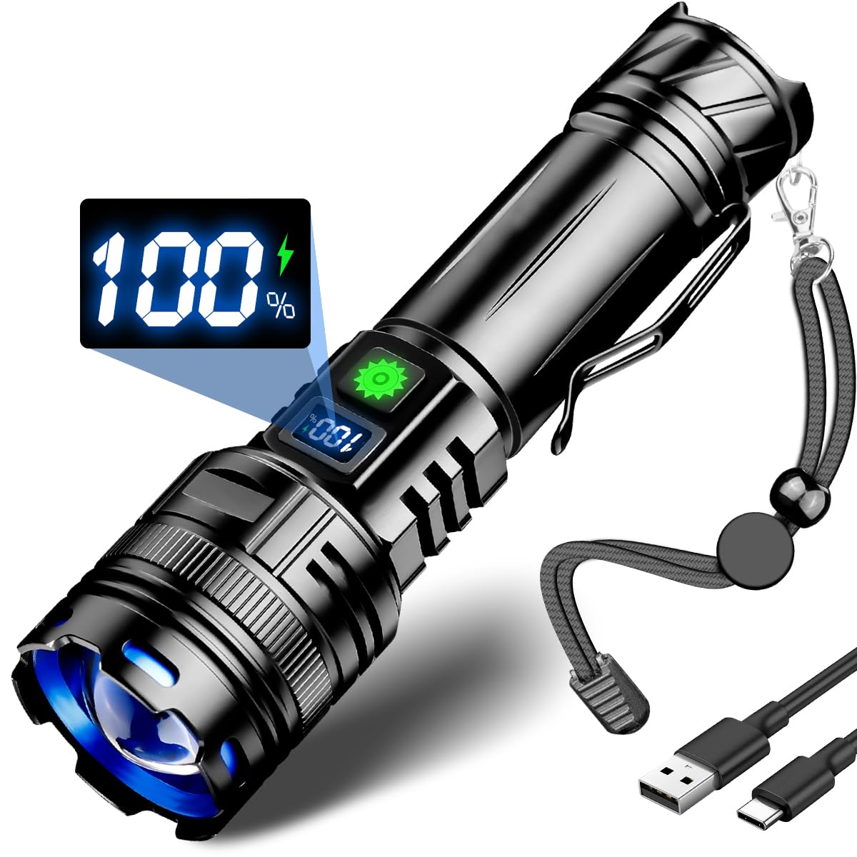 NAKCNM LED Flashlights High Lumens, Rechargeable Flashlight 1000000 Lumen Super Bright with Clip&Digital Display Powerful Handhe