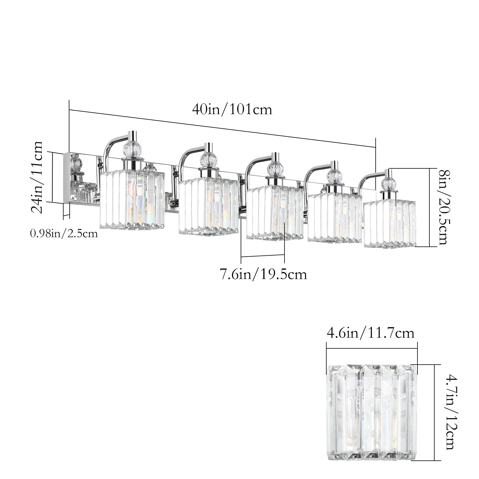 Ralbay Modern Crystal Bathroom Vanity Light 5 Light 40in Chrome Stainless Steel Model 8606