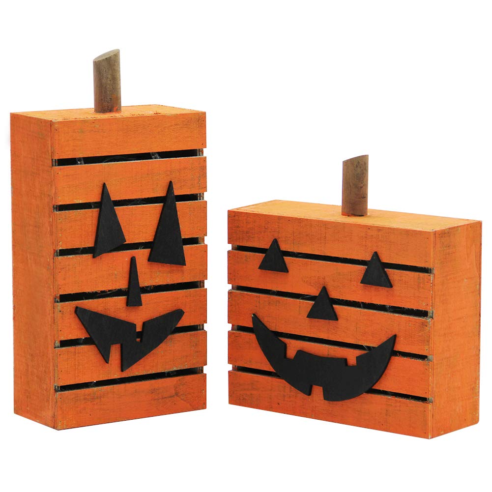 Mortime 2 Pack Pumpkin Wooden Light Halloween Decorations, Harvest Fall Thanksgiving Party Decoration With Led Light