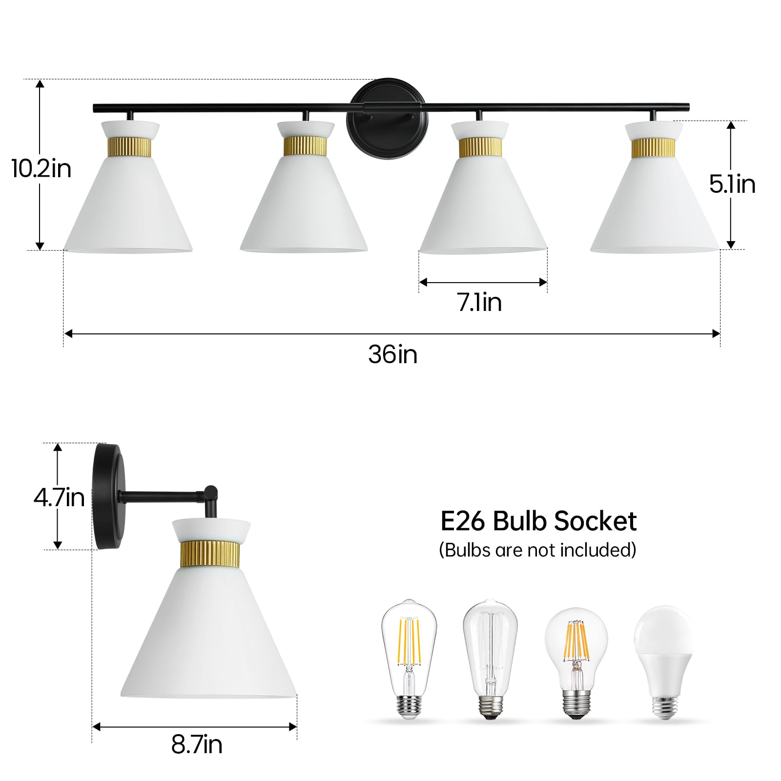 WOSHITU Bathroom Vanity Light Fixtures: 4-Light Mid Century Modern Vanity Lights for Bathroom Over Mirror, Black and Gold Wall S