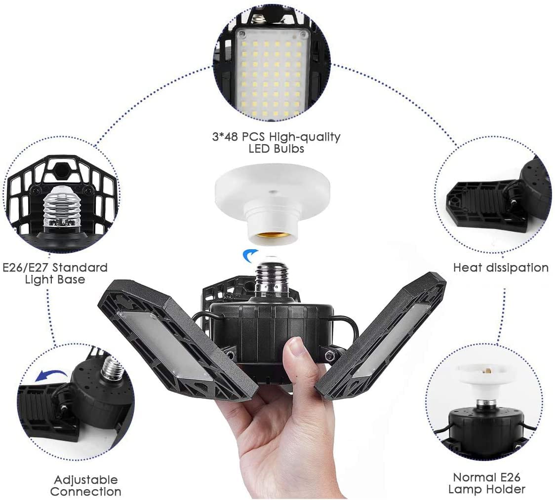 KONPWAY Deformable LED Garage Light 6000 Lumen 60W Warm White Aluminum Model KONPWAY-LED-GL6000