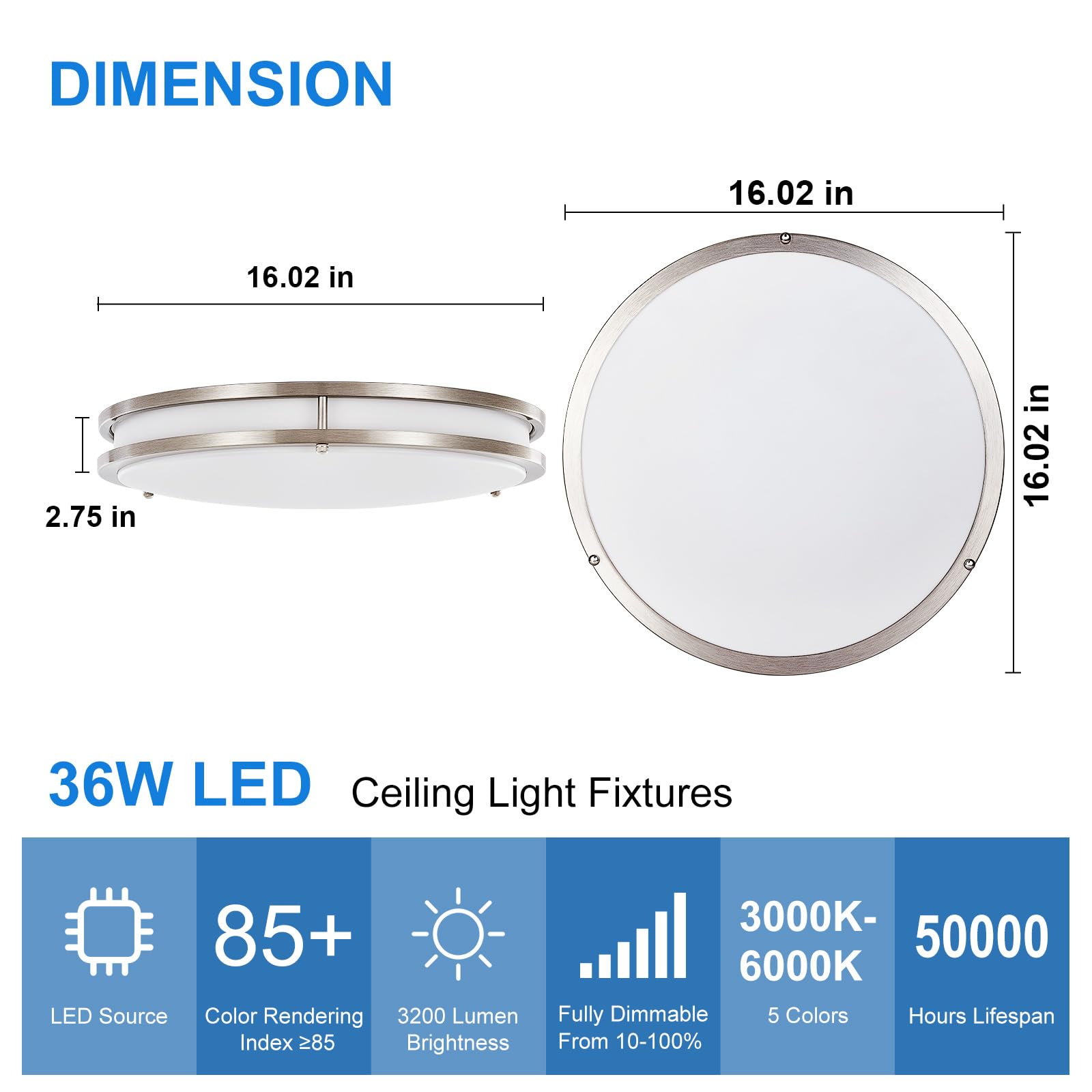 Dllt 2Pack Flush Mount Led Ceiling Light: 16 Inch 5Cct (3000K-6000K) & Dimmable Ceiling Light Fixtures For Bedroom Hallway - 36W Modern Brushed Nickel Super Bright Kitchen Lighting Fixtures Ceiling