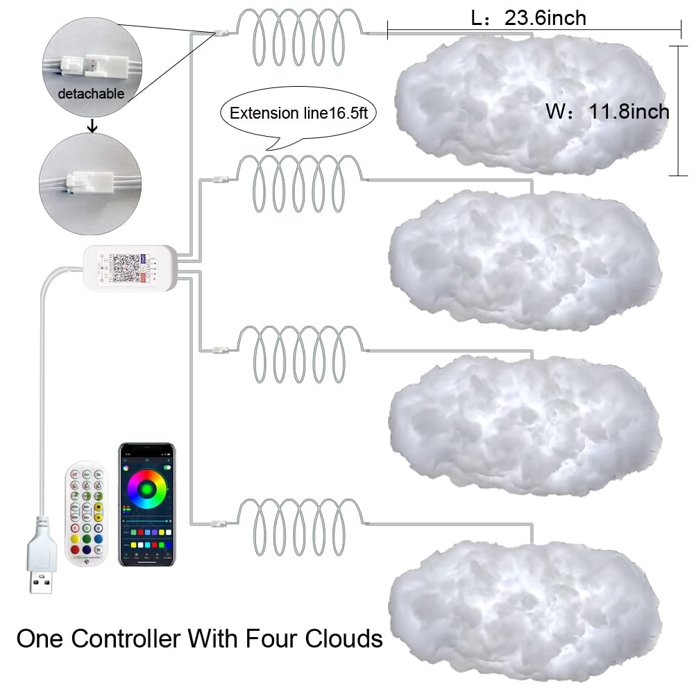 4Pcs 3D Big Cloud Lightning Light Kit Music Sync Warm Multicolor Lightning Changing Strip Lights 360 Degree Wireless Remote App