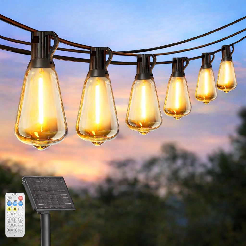 Skoiuc Solar String Lights Outdoor Waterproof with Remote & Timer, LED Shatterproof ST38 Bulbs, USB & Solar Powered Patio Lights
