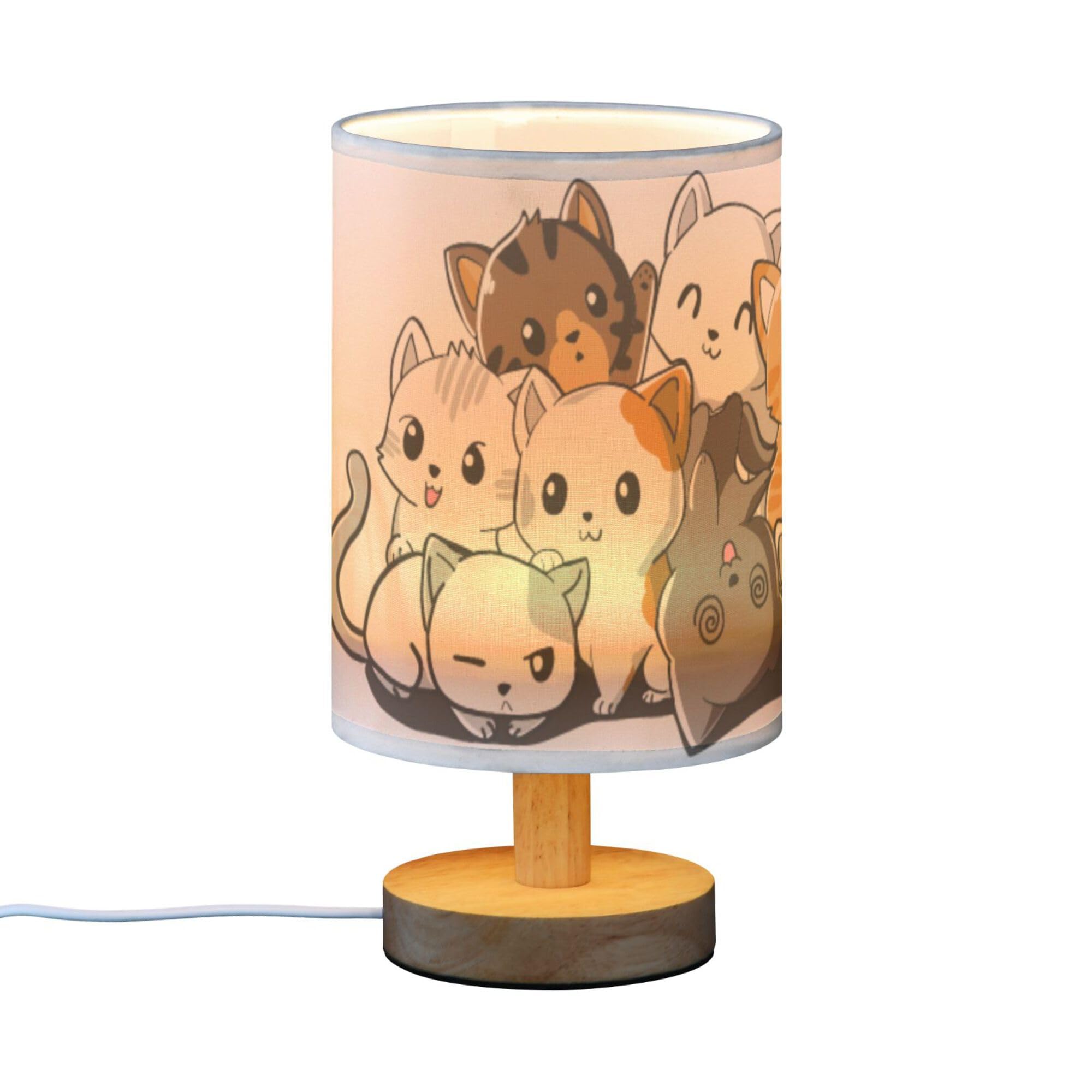 Yyzzh Table Lamp Cute Cartoon Cat Kitten Kitty Nightstand Lamp With Wood Base Fabric Lamp Shade Bedside Desk Lamp For Living Roo