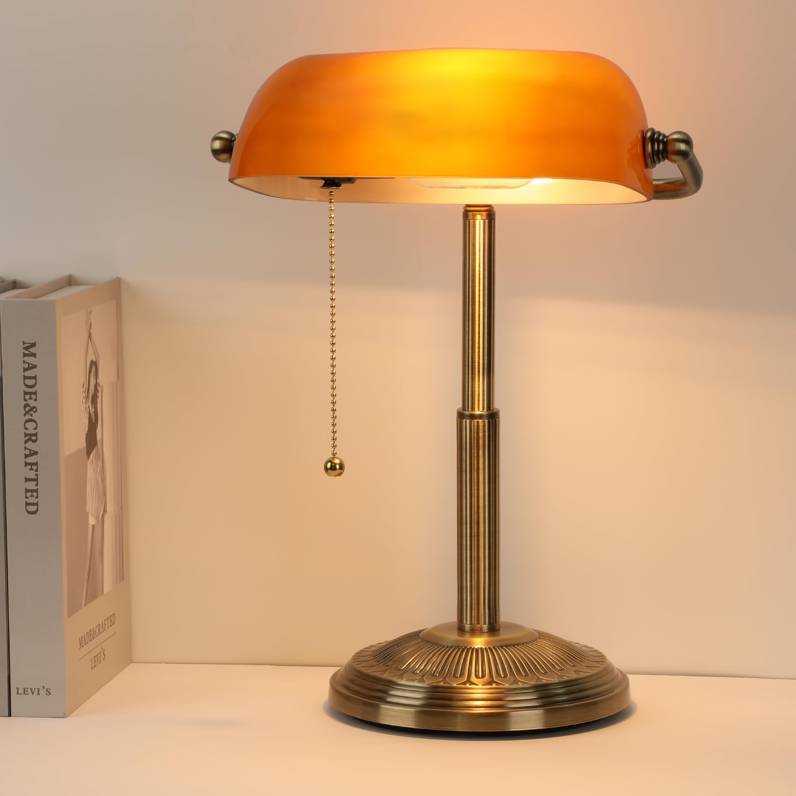LINNMON Amber Retro Bankers Desk Lamp, Vintage Iron Lamp with Pull Chain Switch, Model LT248800, Brass+Amber Color