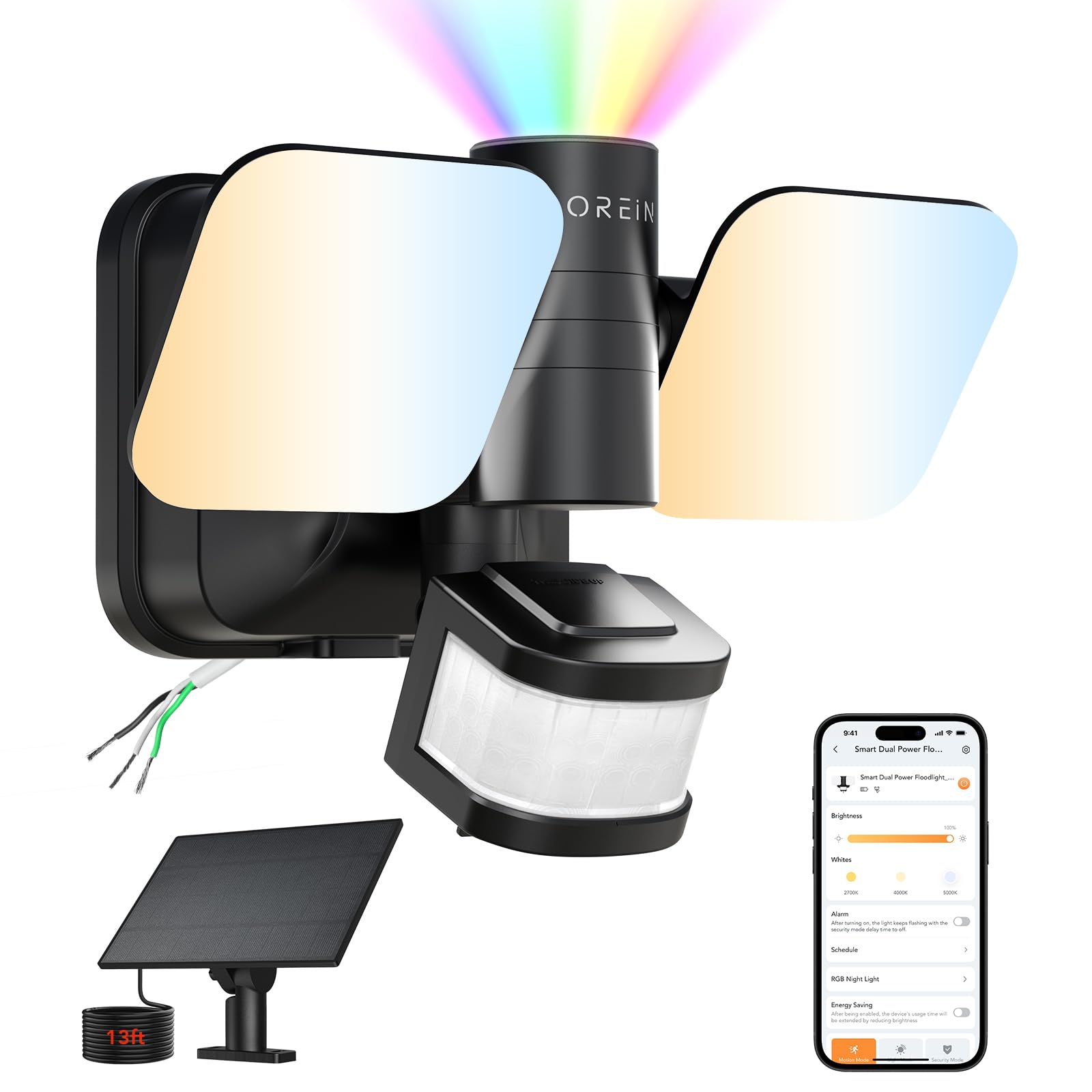 OREiN Wired and Solar Hybrid LED Smart Motion Sensor Light Outdoor Flood Lights with RGB Uplight Bluetooth APP Solar Motion Ligh