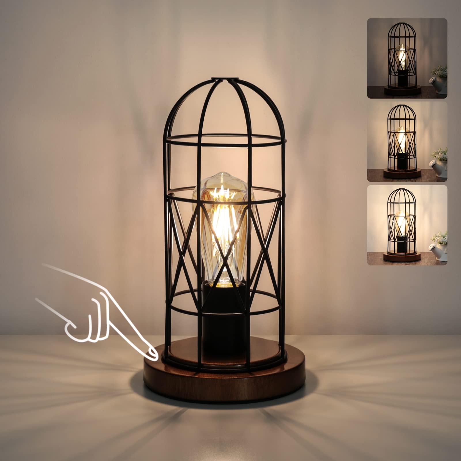 Seaside Village Touch Control Table Lamp, Industrial Vintage Metal Cage, 3-Way Dimmable, Bronze Base with Black Cage