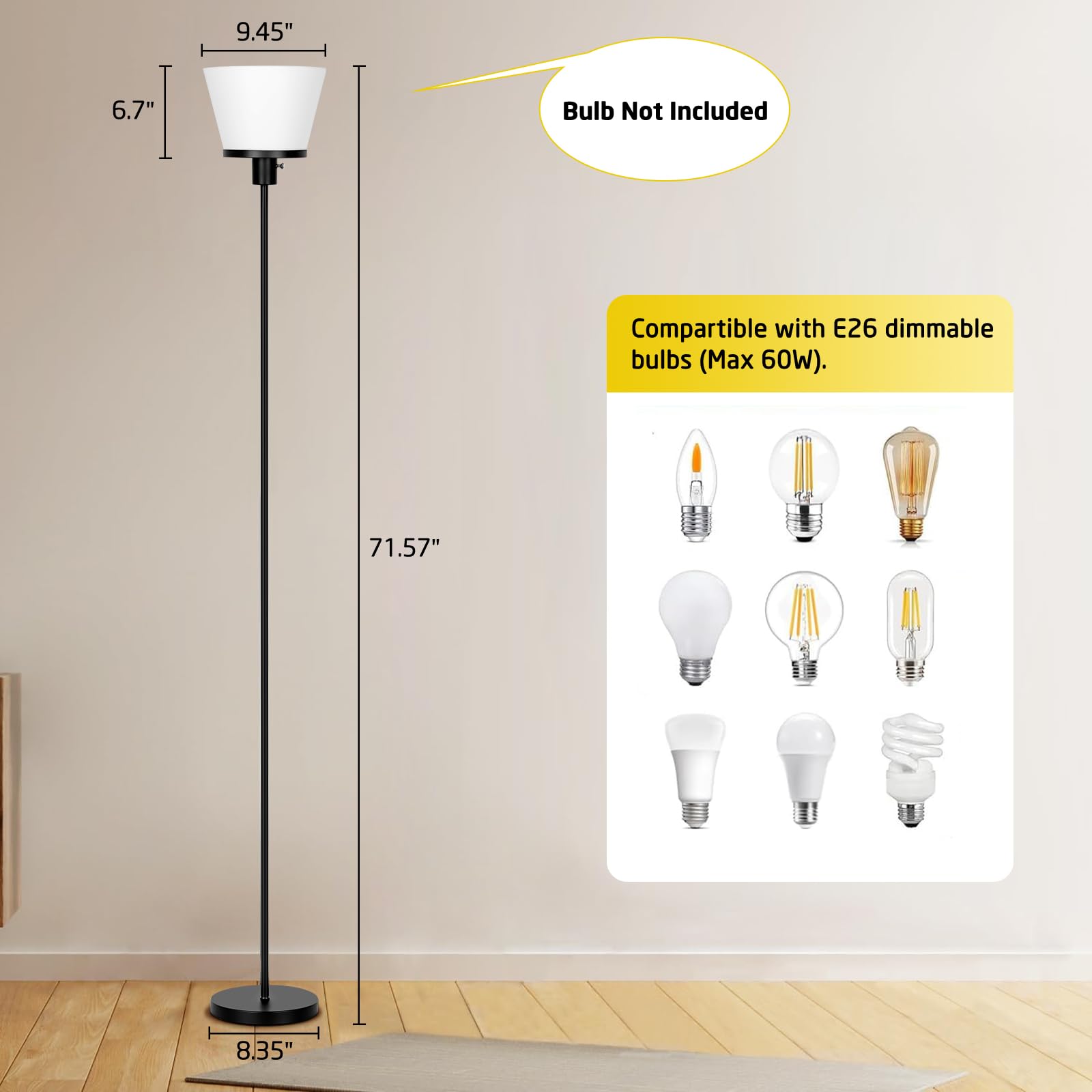 Kukobo Led Floor Lamp Tall Standing Lamp, Black Modern Torchiere Floor Lamps For Bedroom Living Room Office, Bright Floor Lamp W