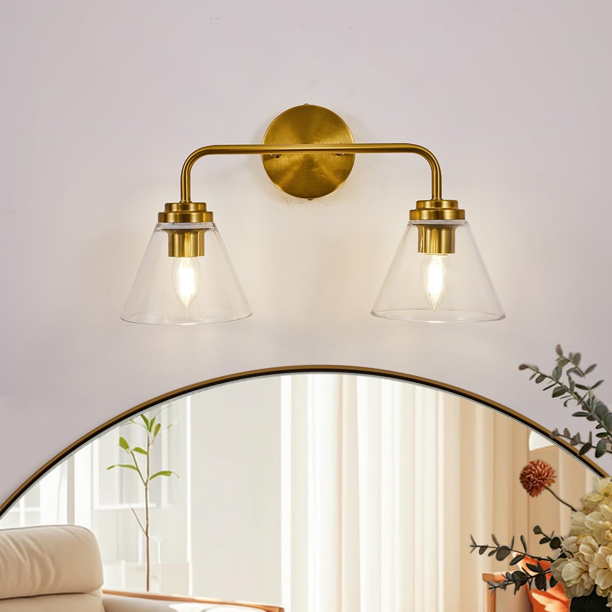 ANDY STAR Vanity Lights for Bathroom 2 Light - Brushed Gold Bathroom Light Fixtures with Clear Cone-Shaped Glass, Brass Modern G