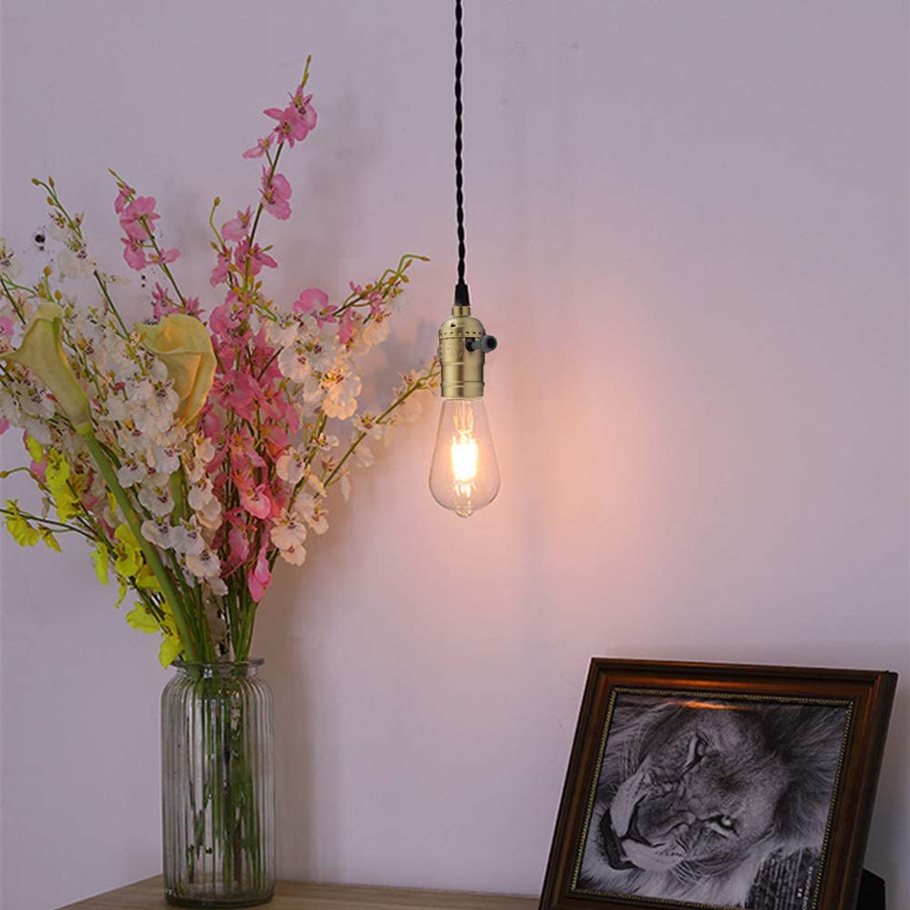 Aokpsrt Vintage Plug-in Pendant Light, 4 Hanging Sockets, Metal, Gold, 19.5 ft Cord, Individual Switches, Model wyq-4Hanging Light-gold