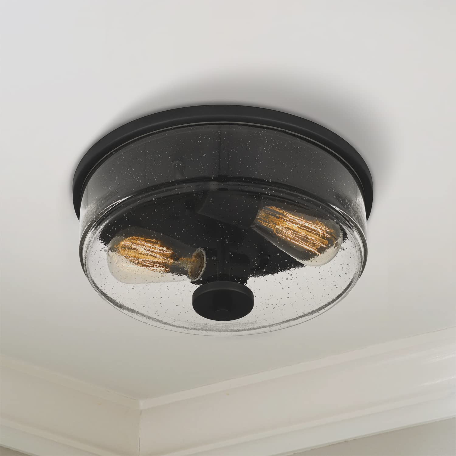 Tawson Noah Modern Farmhouse 2-Light Flush Mount Ceiling Light With Seeded Glass Shade In Black Finish For Hallway, Entryway, Passway, Dining, Bedroom, Garage, Living Room