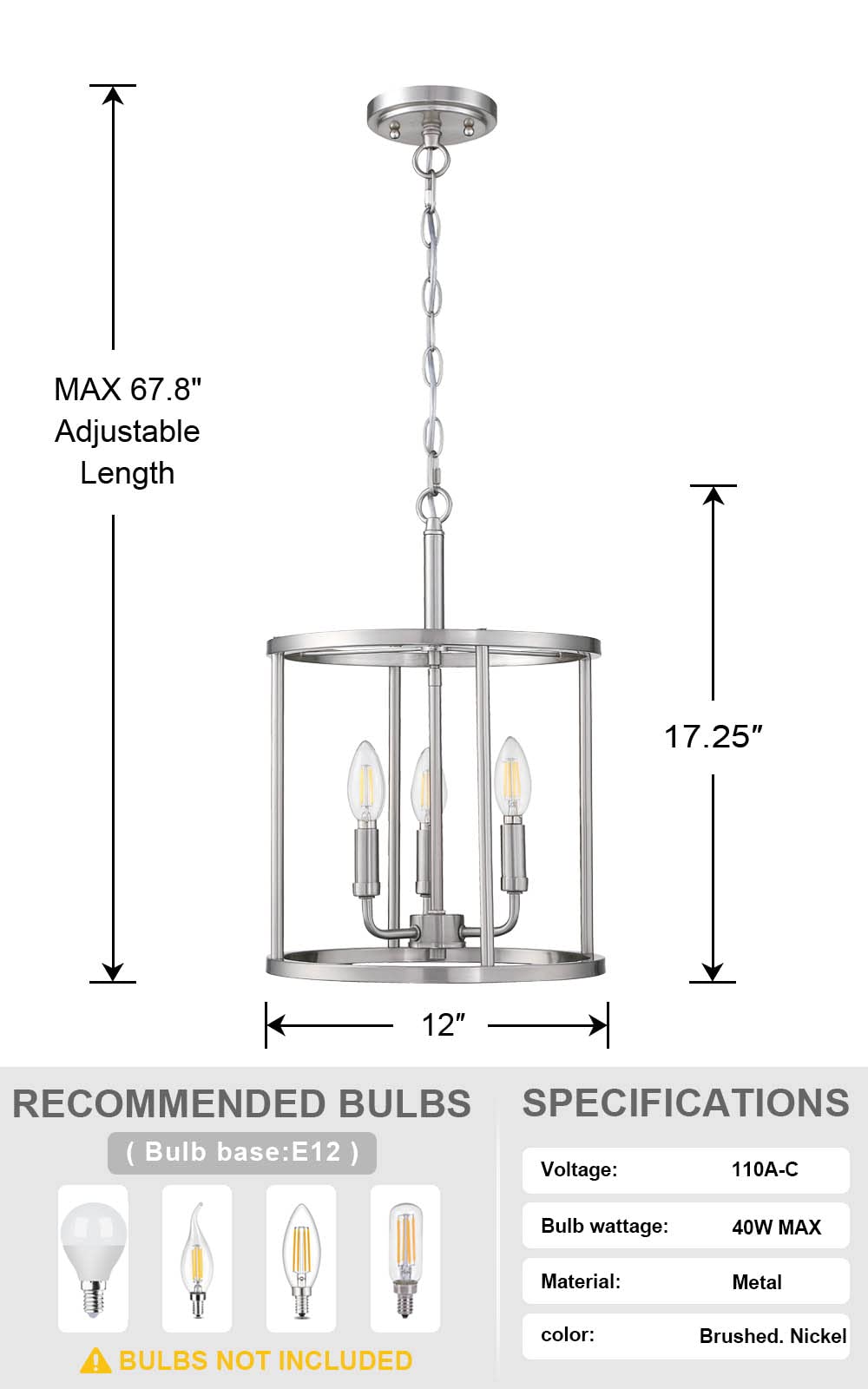 Doraimi Lighting 3-Light Hanging Lantern Pendant Light Fixture Brushed Nickel Finish Geometric Chandelier Adjustable Chain Metal