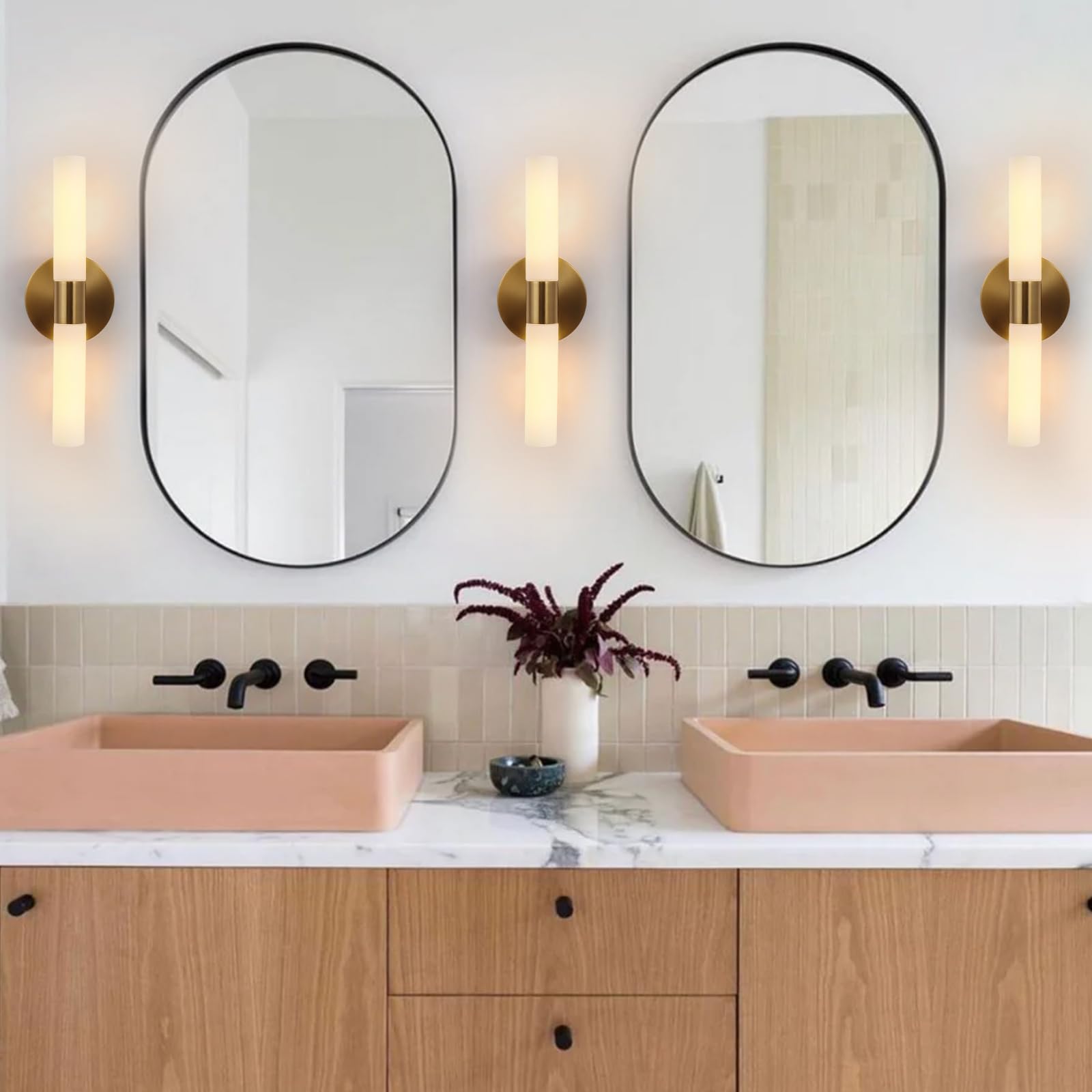 KUZZULL Wall Sconces Set of Two Modern Brushed Brass Gold Iron + White Glass 14in Bathroom Lighting