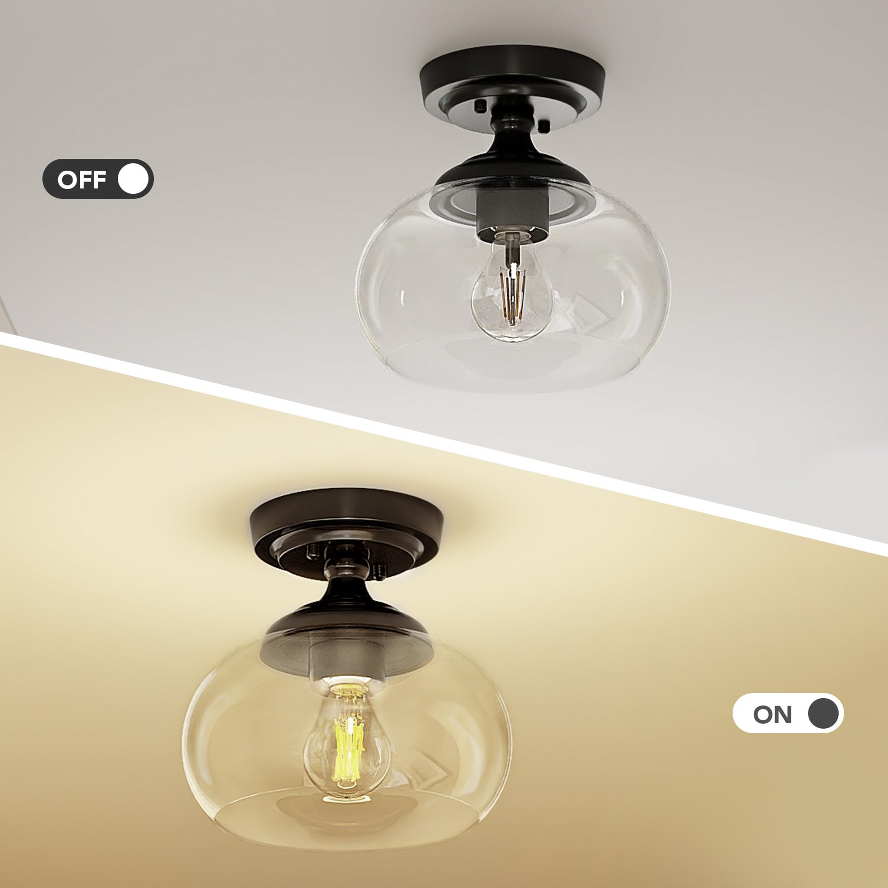 Vonluce Semi Flush Mount Ceiling Light, 8.3'' Ceiling Light Fixture With Clear Glass Shade, Ceramic E26 Base, Industrial Ceiling