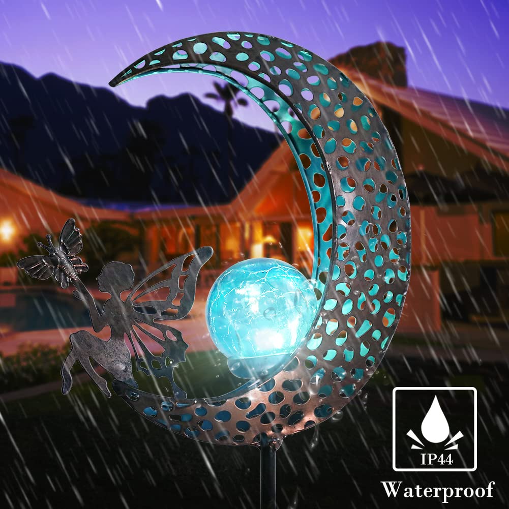 Bshine Moon Solar Light Outdoor Garden Decoration  Moon Fairy Garden Statue Christmas Outdoor Decor Metal Waterproof Light Stake For Patio  Path  Yard And Lawn Ornament  Housewarming Gift For Mom Blue
