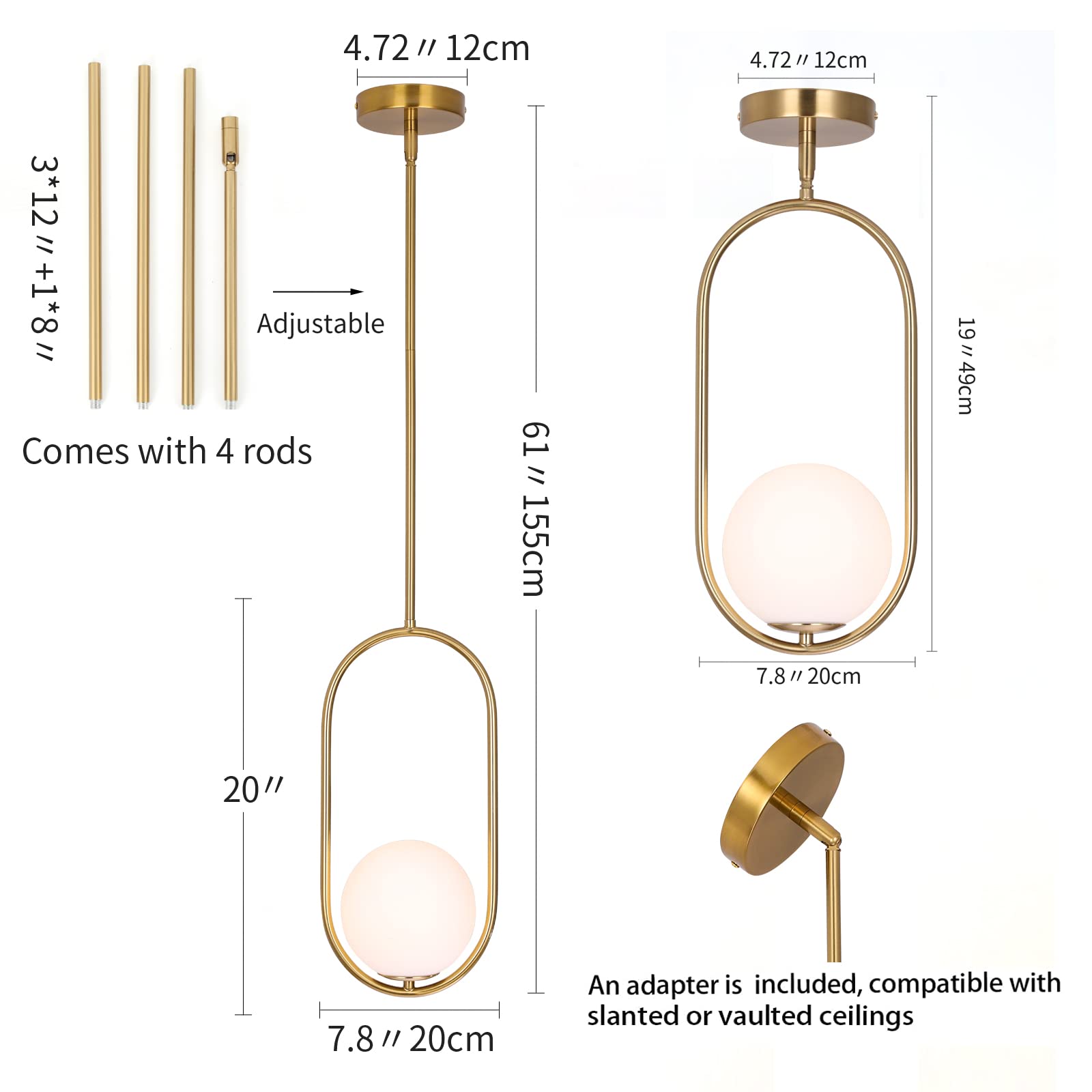 SeeU Modern Pendant Light Fixture, 1 Light Chandelier, Gold Metal, Adjustable Length, Model 792332766500
