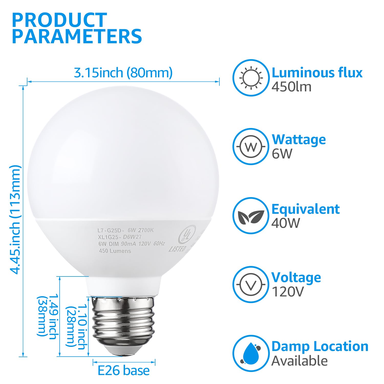 TORCHSTAR G25 LED Vanity Globe Light Bulbs, Dimmable, 6W Equivalent, Soft White 2700K, Pack of 6, E26 Frosted Decorative Bulbs