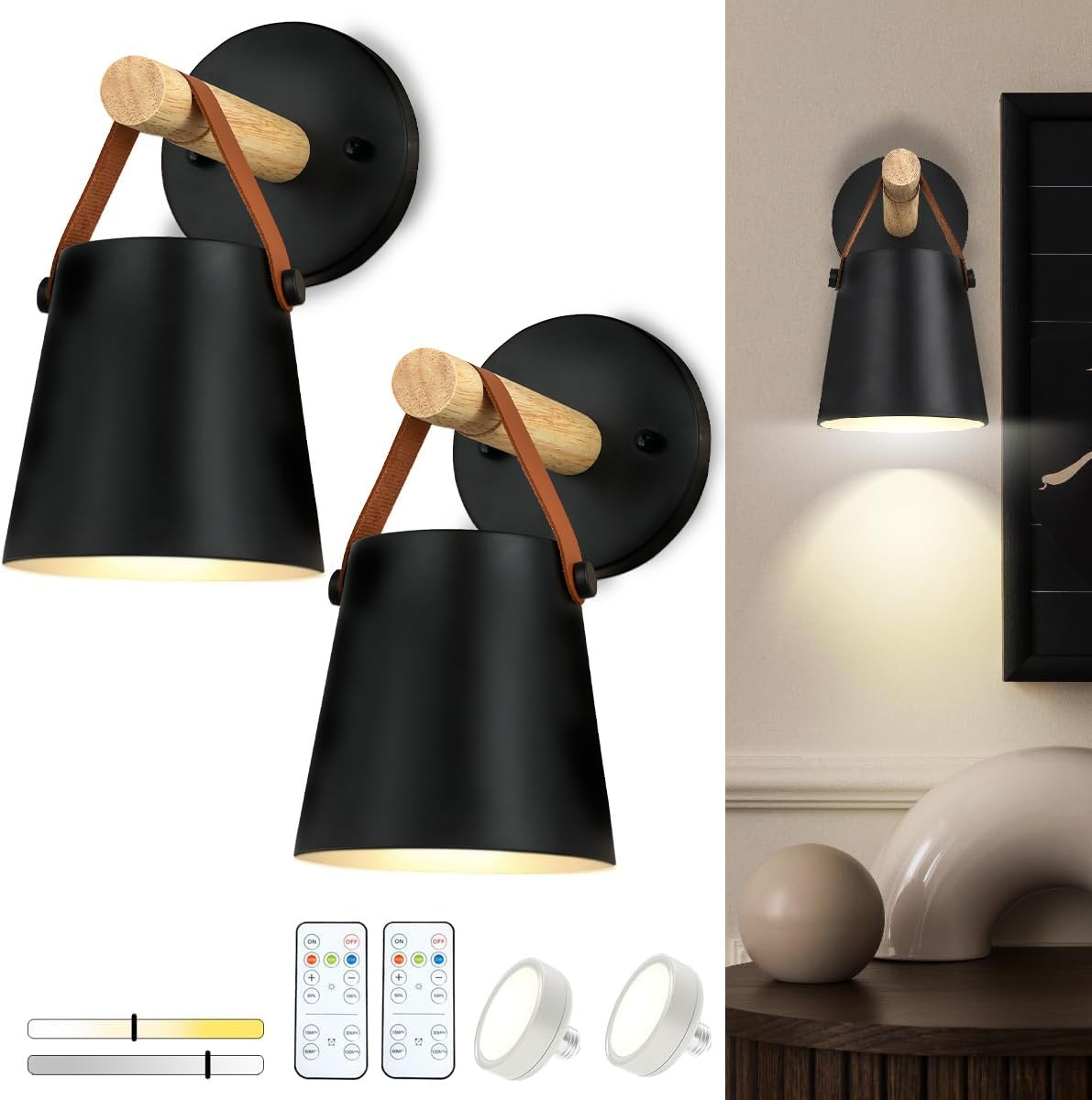 Troconce Battery Operated Wall Sconces Set Of Two  Dimmable Battery Powered Wall Sconces Lamp  Black Cordless Wall Sconce With Remote Control  Indoor Wireless Wall Mounted Lamp For Bedroom Living Room